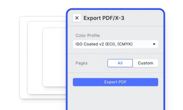 A PDF/X-3 export dialog with a CMYK colour profile selected