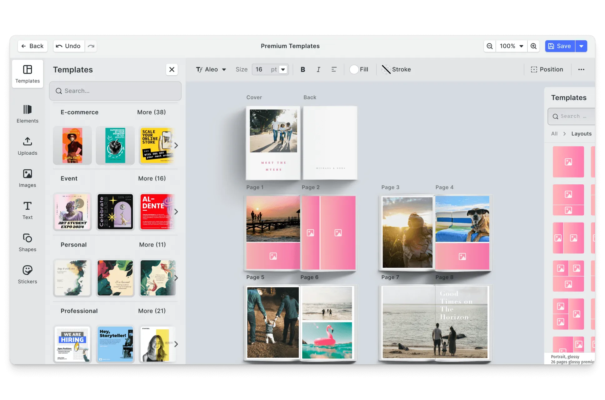 CE.SDK family photo books editor showing multi-generation layouts