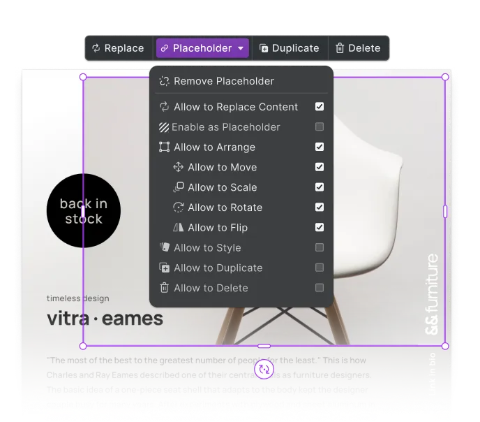 The placeholder permission panel, with replace, move, scale and rotate enabled and style, duplicate and delete locked