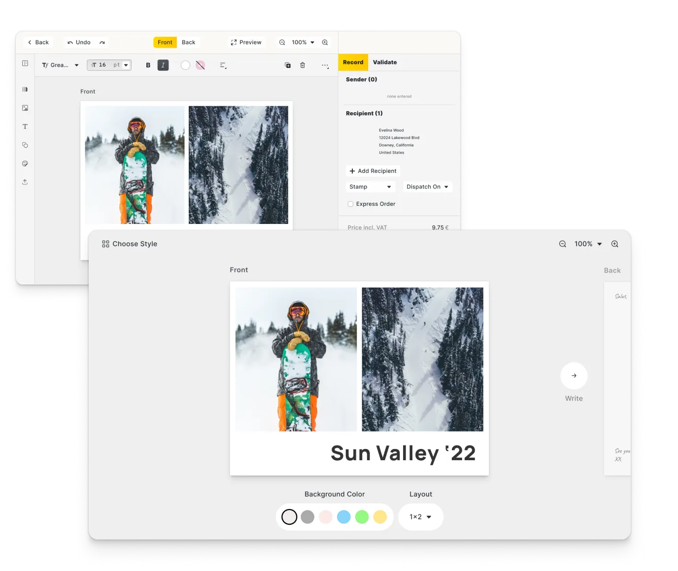 Photo print editor UI that matches the surrounding product, not a generic design tool