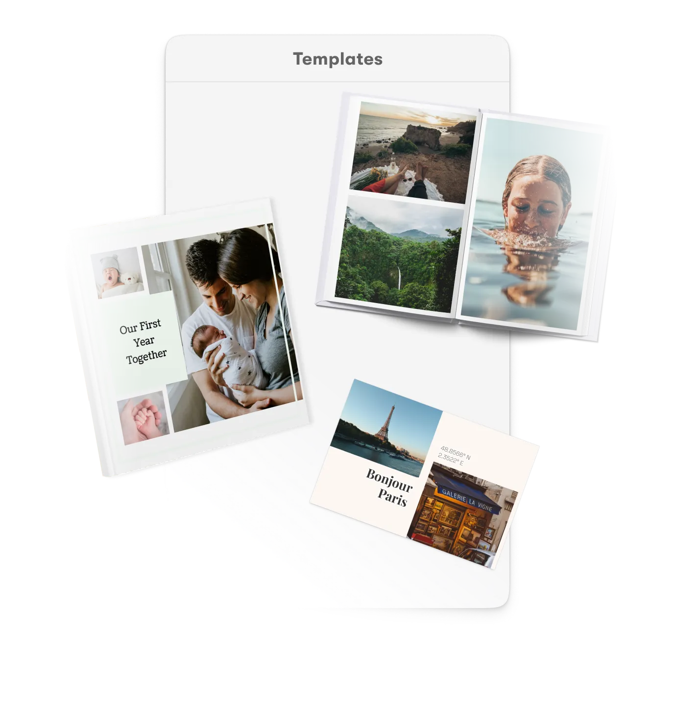 Polished photo product templates that users can personalize quickly across books, postcards, and canvas prints