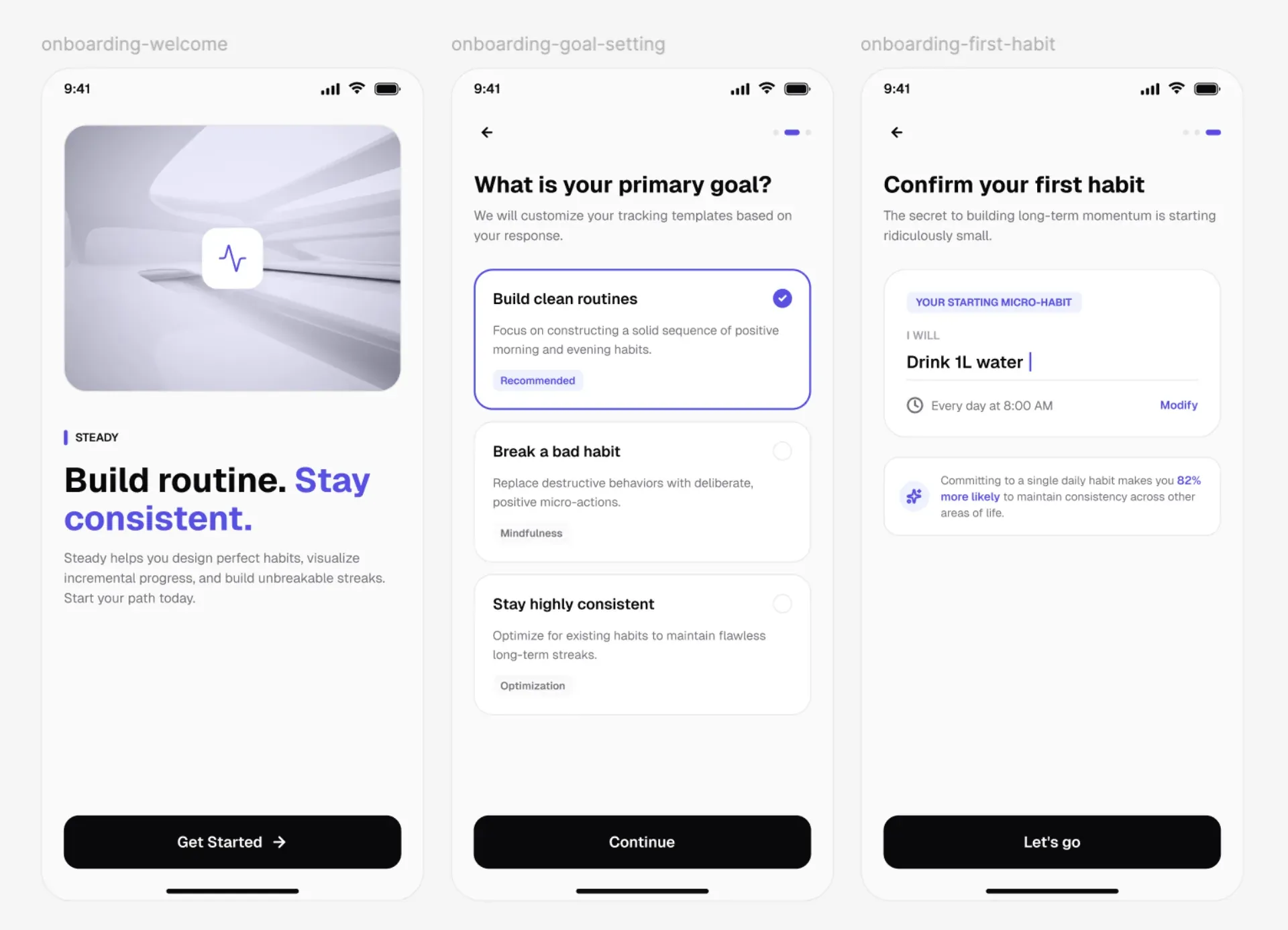 The Figma Agent's three-screen onboarding flow on the Figma canvas: welcome, goal setting and first habit, in order, with consistent buttons and type