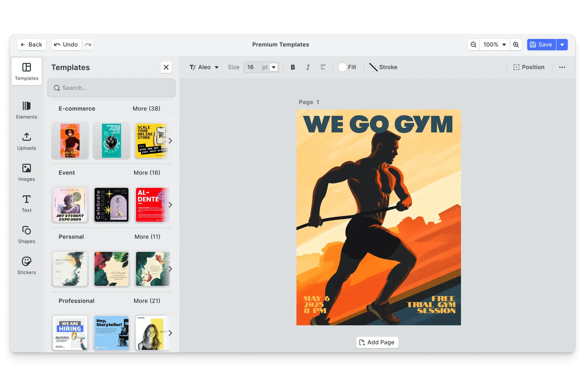CE.SDK fitness flyers editor showing template-based design