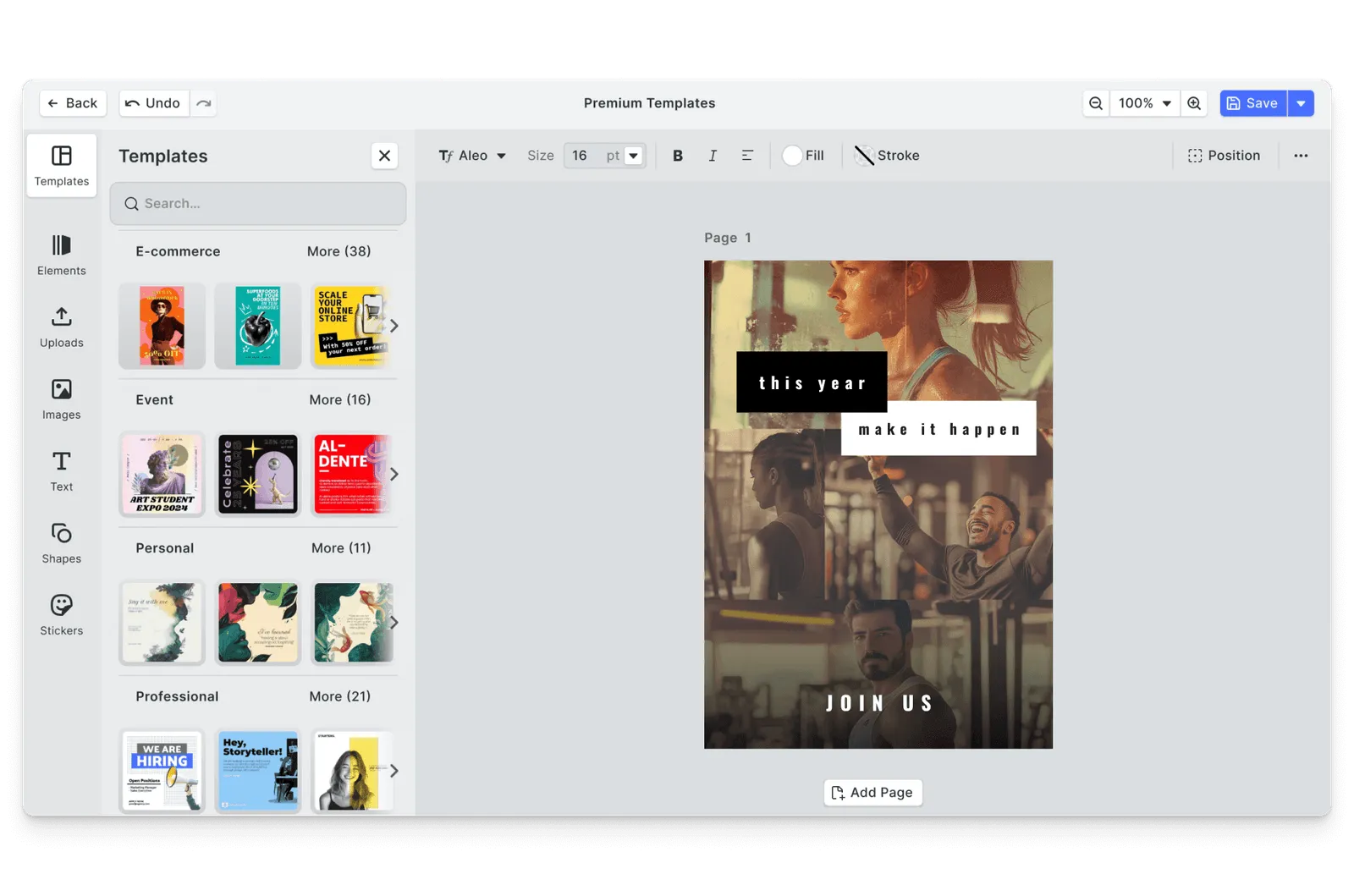 CE.SDK fitness posters editor showing studio-ready templates