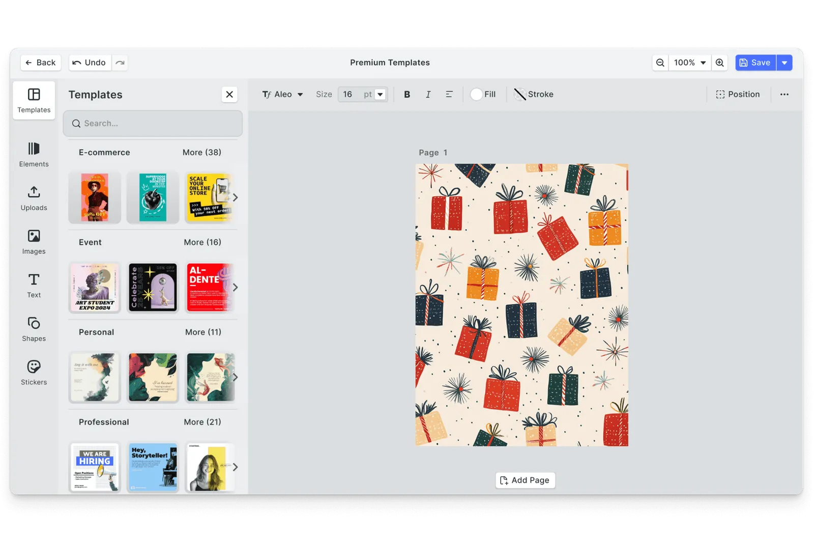 CE.SDK gift paper editor showing template-based design
