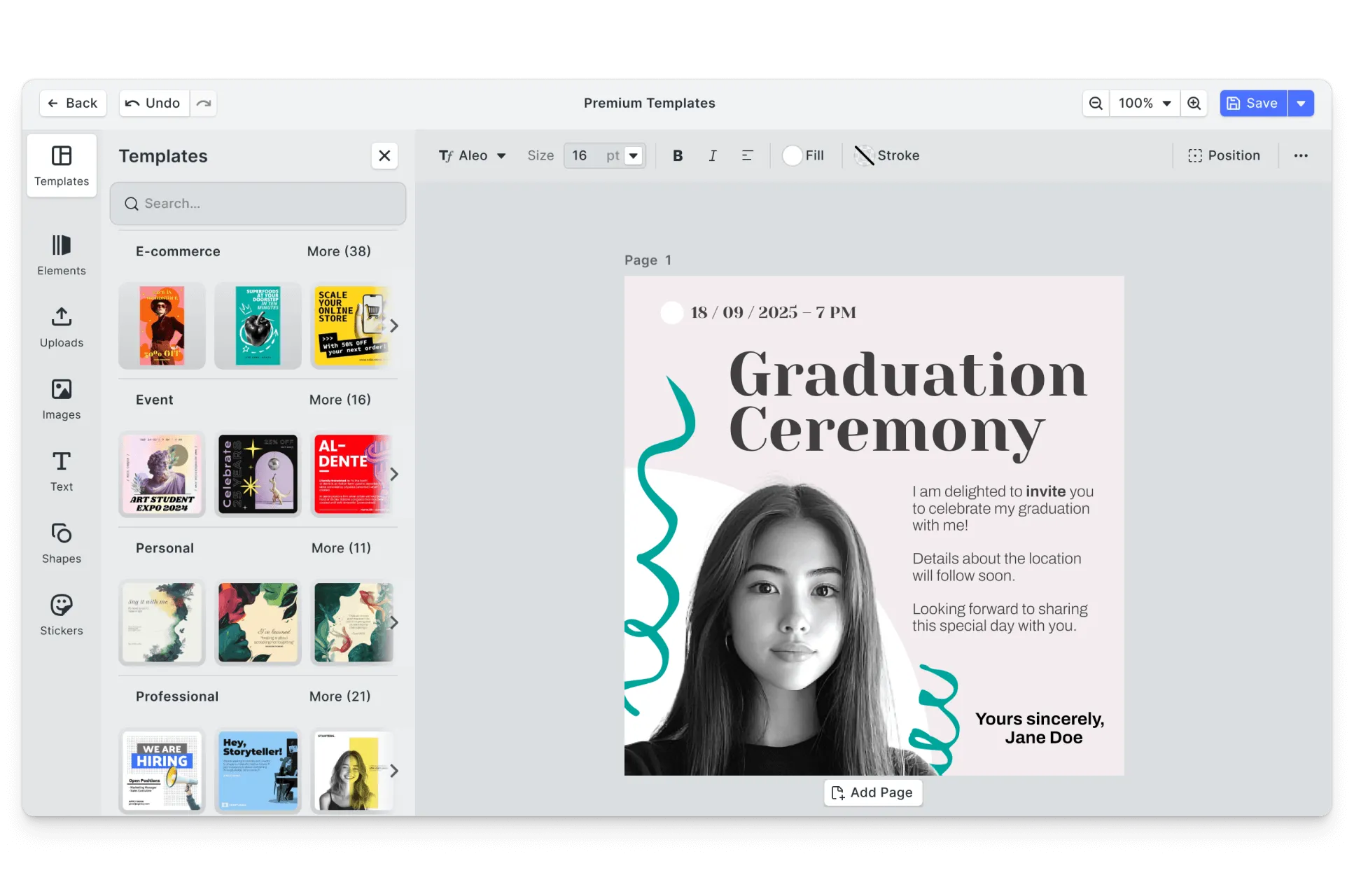 CE.SDK graduation invitations editor showing template-based design
