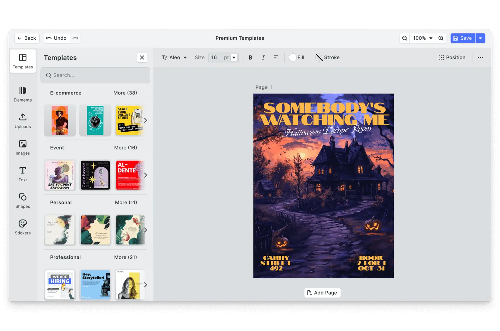 CE.SDK halloween flyers editor showing template-based design