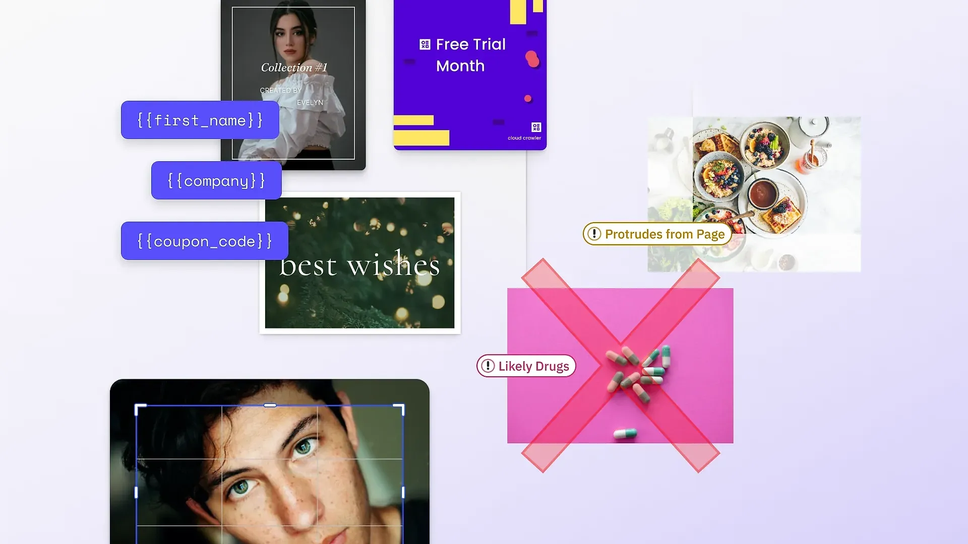Variable data printing software concept: a template collage with personalization placeholder chips for first name, company, and coupon code