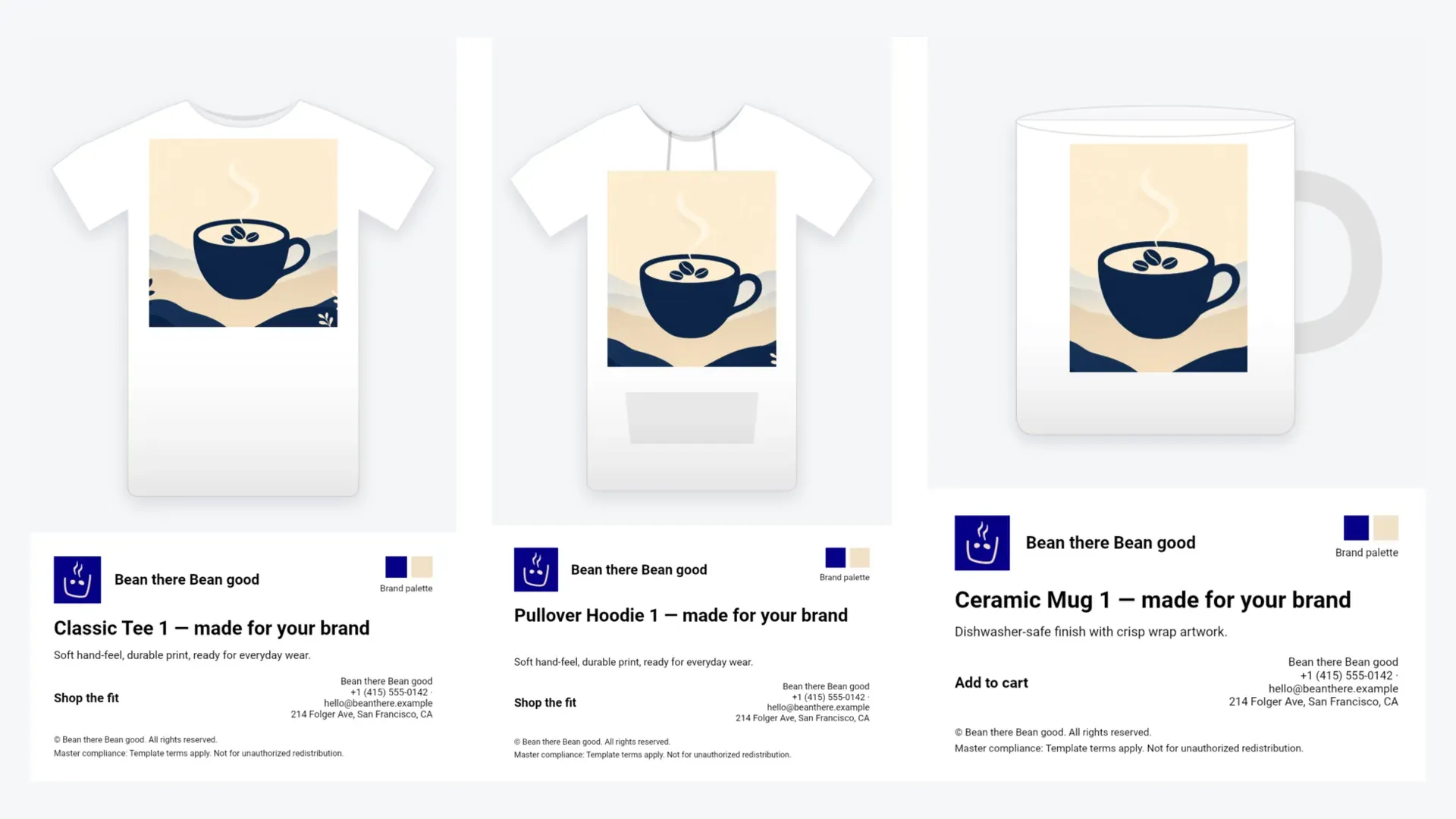 Tee, hoodie and mug mockups for one brand, all rendered from the same master template