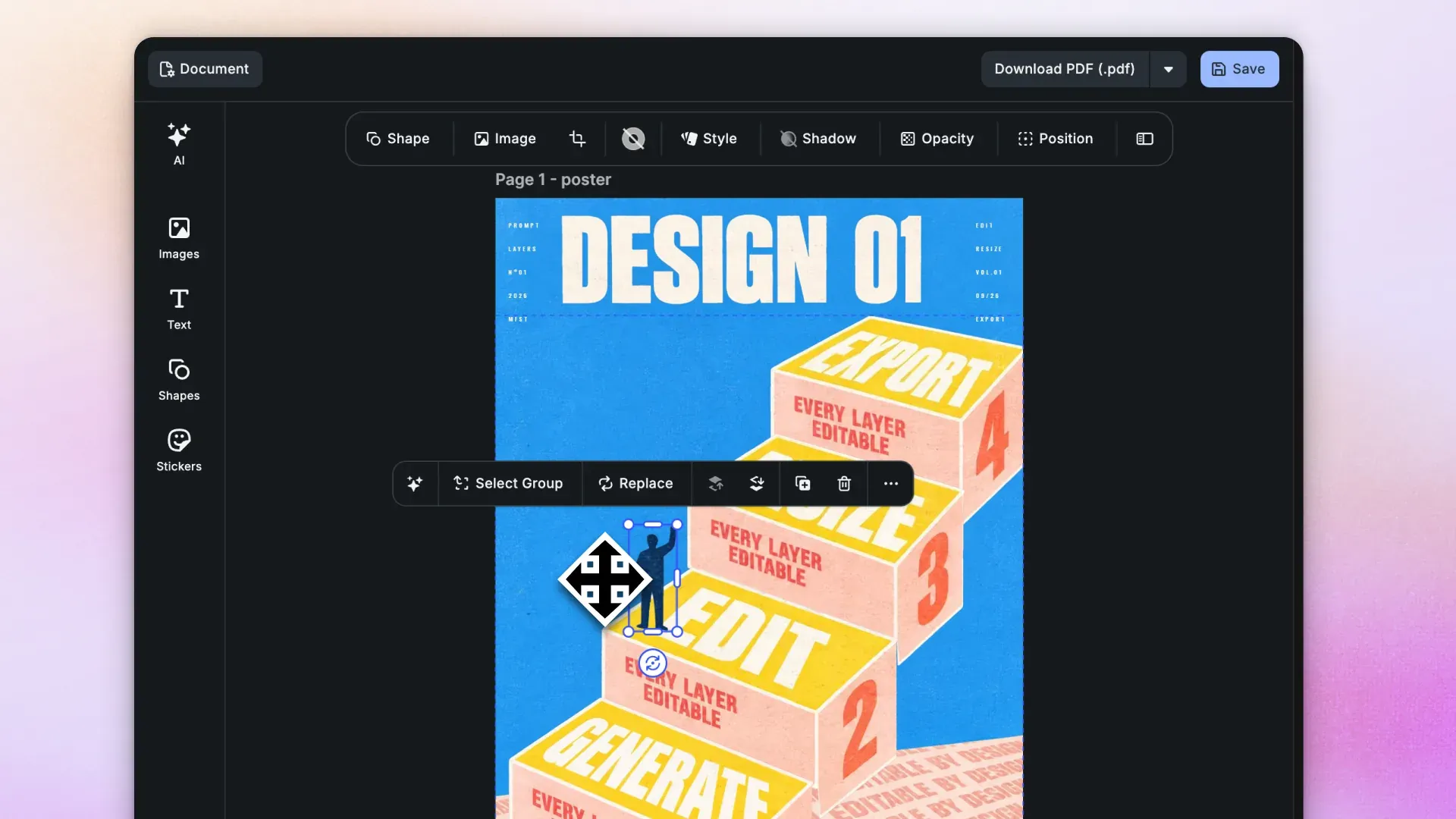 A poster design open in a layer-based editor, with one element selected and dragged while the generate, edit, resize and export steps each stay their own editable layer