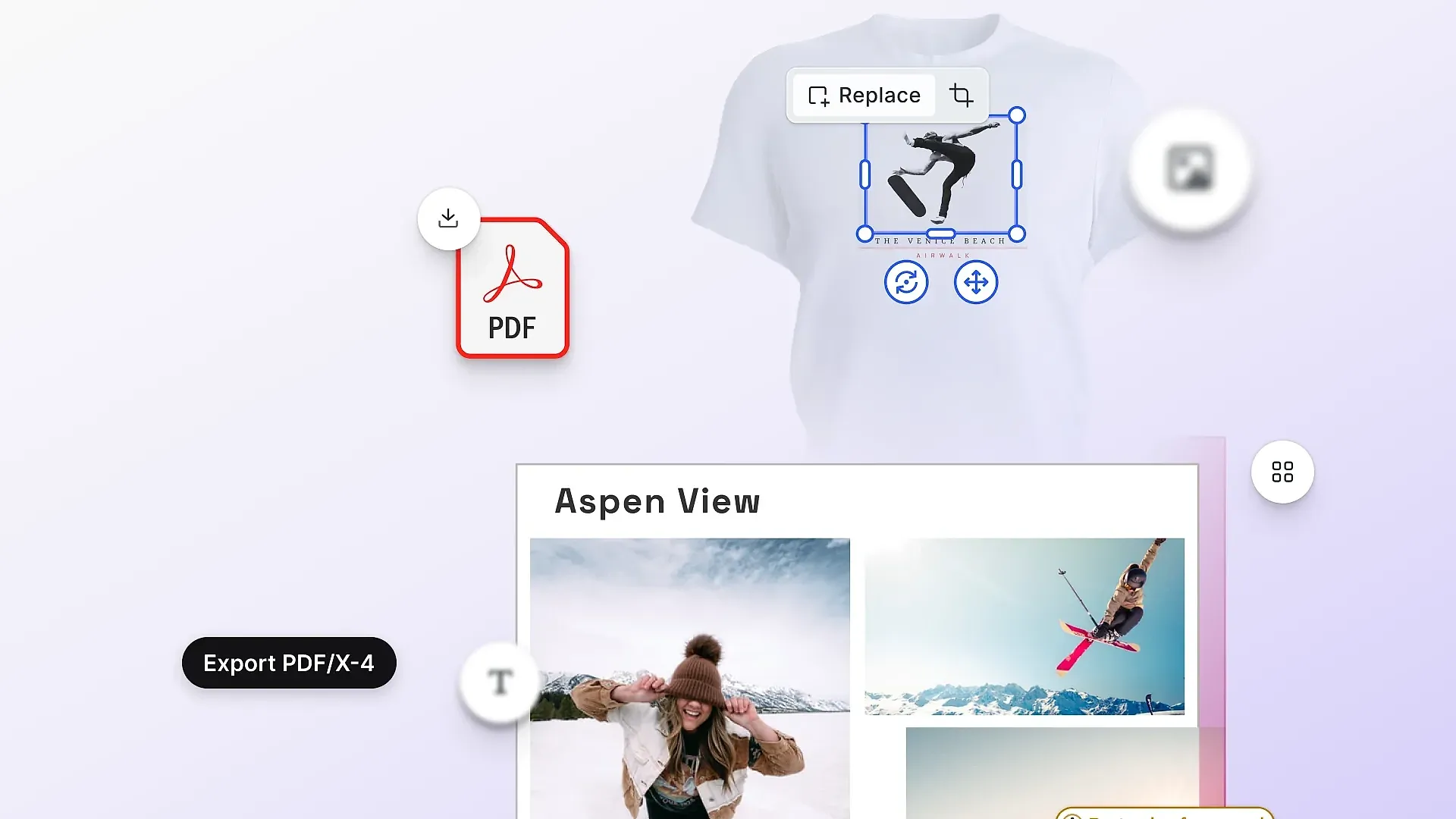 Web-to-print software design editor scene: a t-shirt mockup with an editable print area, a print-ready PDF export icon, and a photo card layout on a light purple gradient