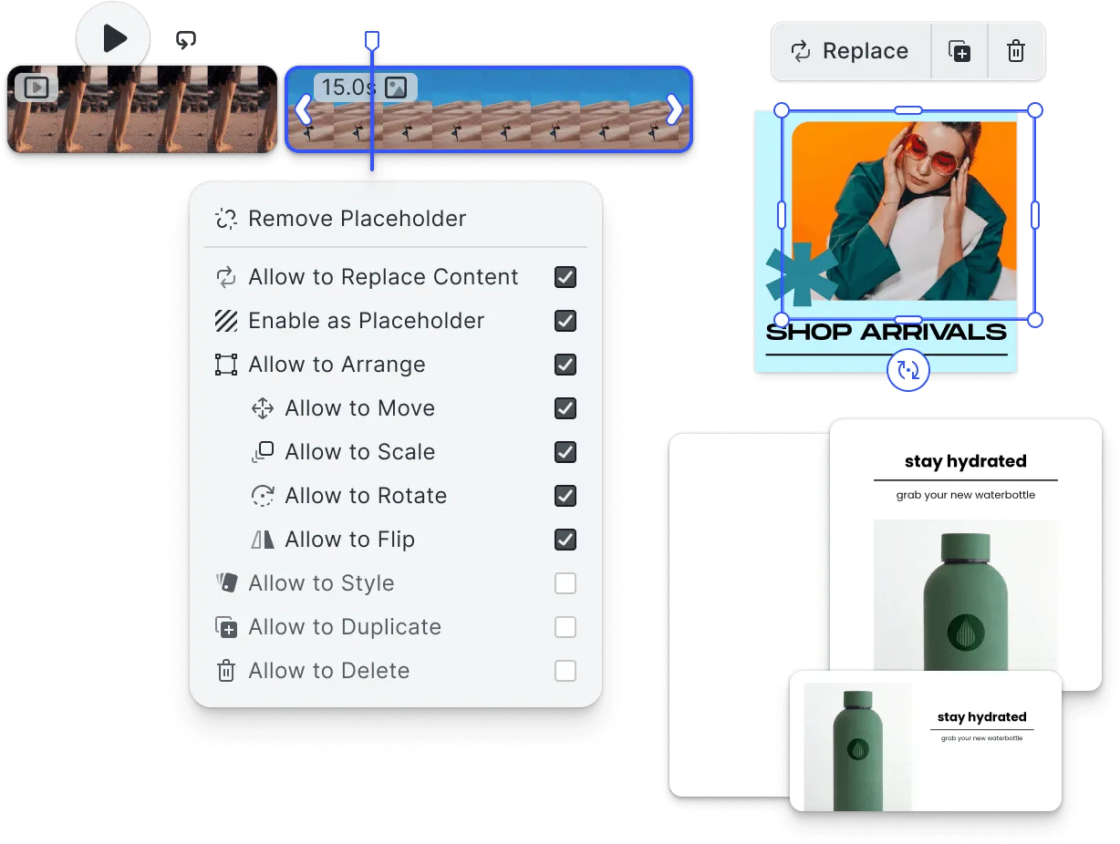 IMG.LY SDK capabilities showing video timeline, template locking controls, and design editing
