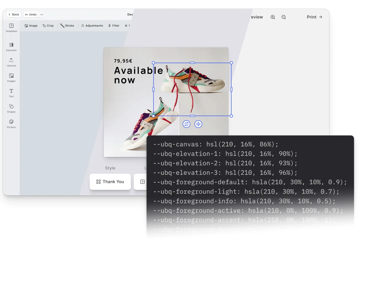 Editor UI customized with brand color palette, custom toolbar layout, and localized labels