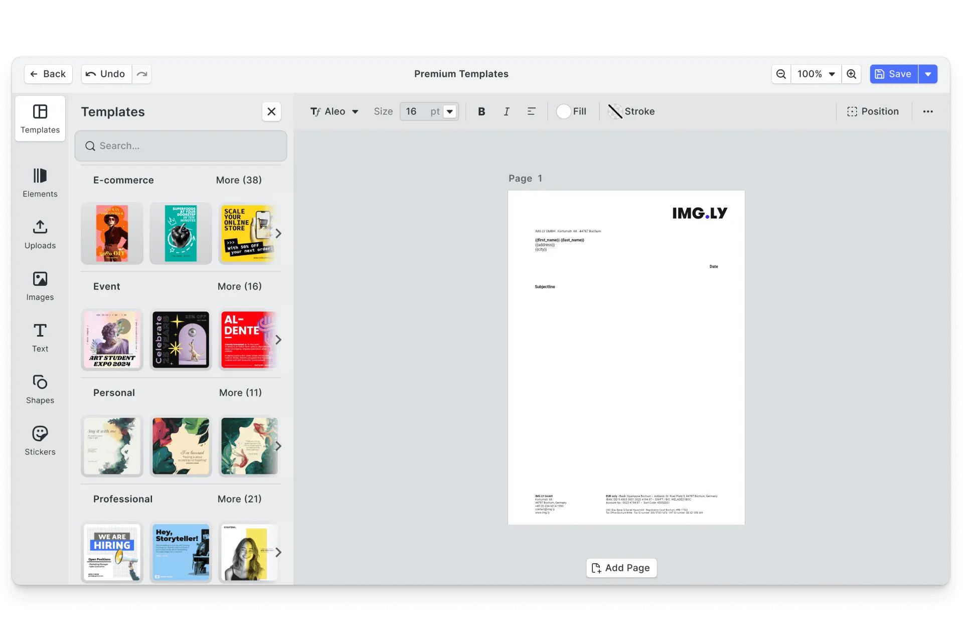 CE.SDK invoices editor showing print-ready billing templates