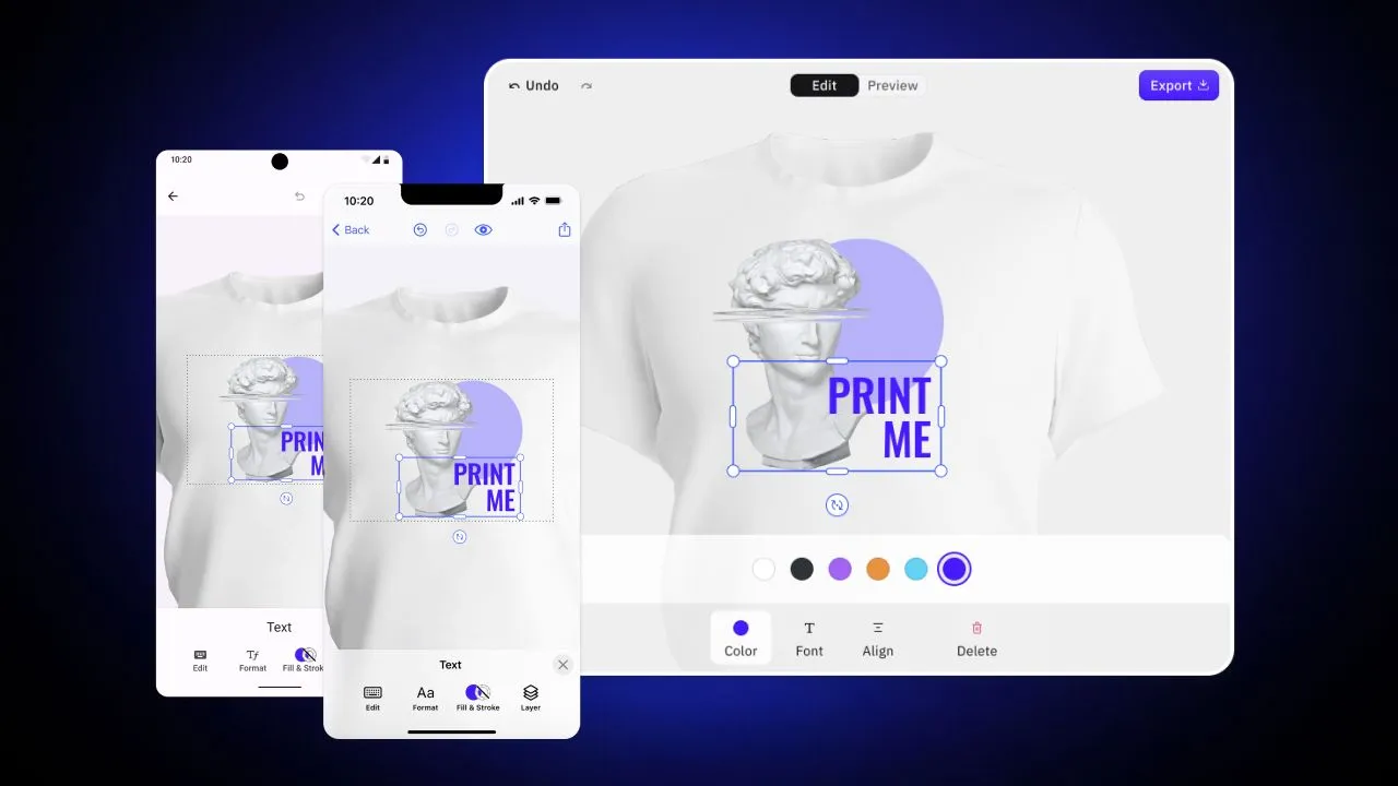 Responsive design adapts to screens, but native mobile-first considers content & layout for optimal mobile experience, as seen in the image — CE.SDK Apparel UI for Android, iOS, and web.
