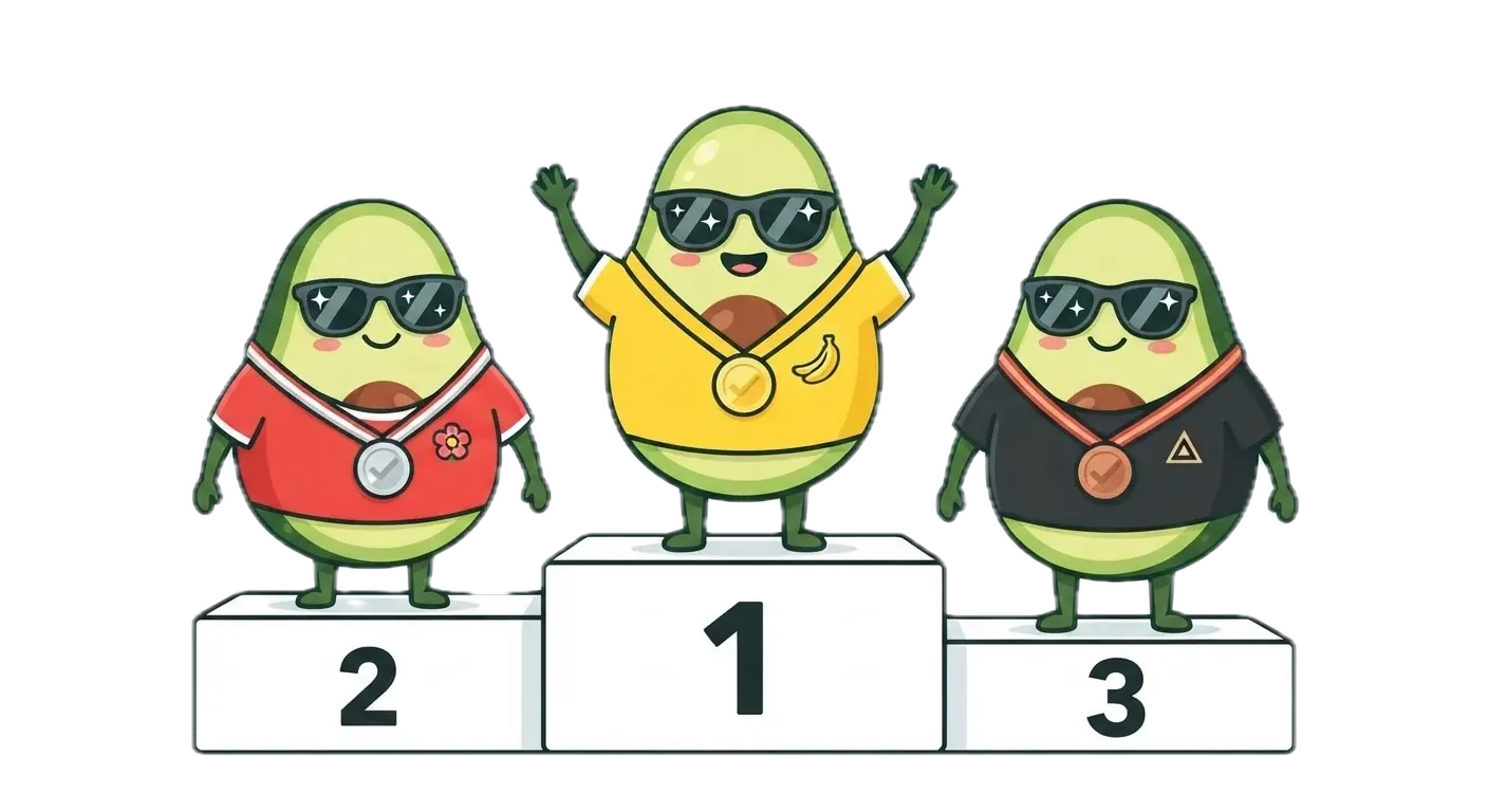 Three cartoon avocados in model jerseys on a winners' podium: gold for Nano Banana, silver for Seedream, bronze for FLUX