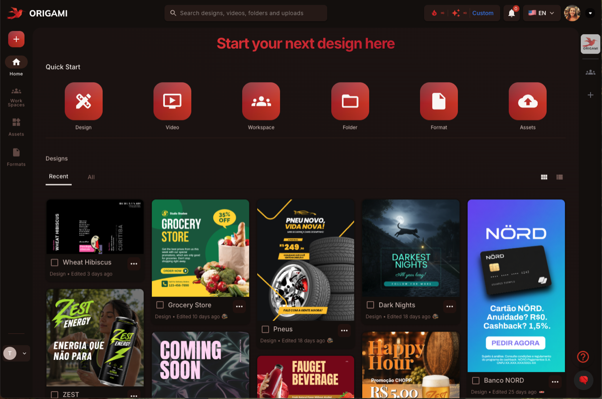 The Origami dashboard, with a gallery of on-brand ad templates ready to scale.