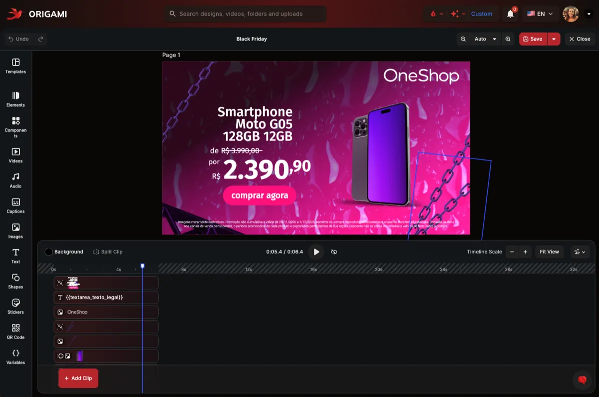 Editing a promo video in Origami's CE.SDK-powered editor, with a layer-based timeline.