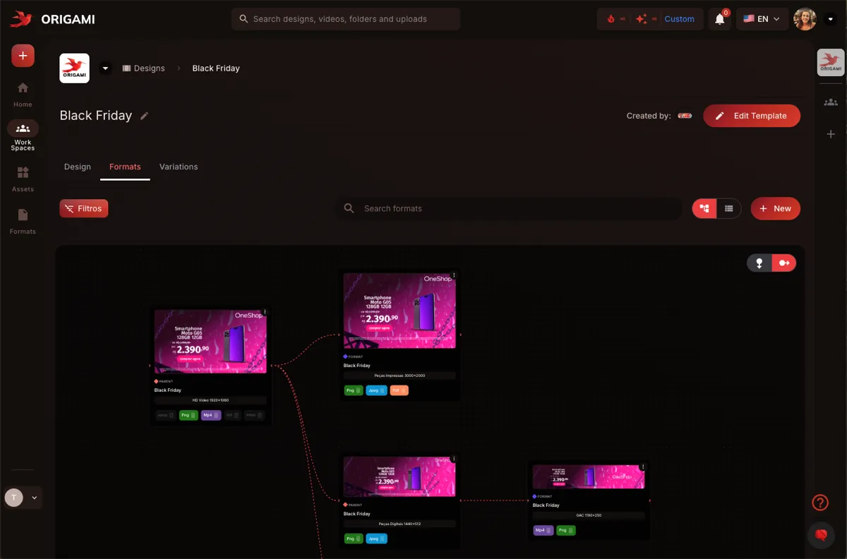 One Black Friday template fanned out into multiple ad formats inside Origami.