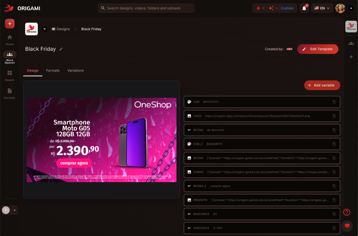 Origami's data-variable panel, binding product data into a smart template.