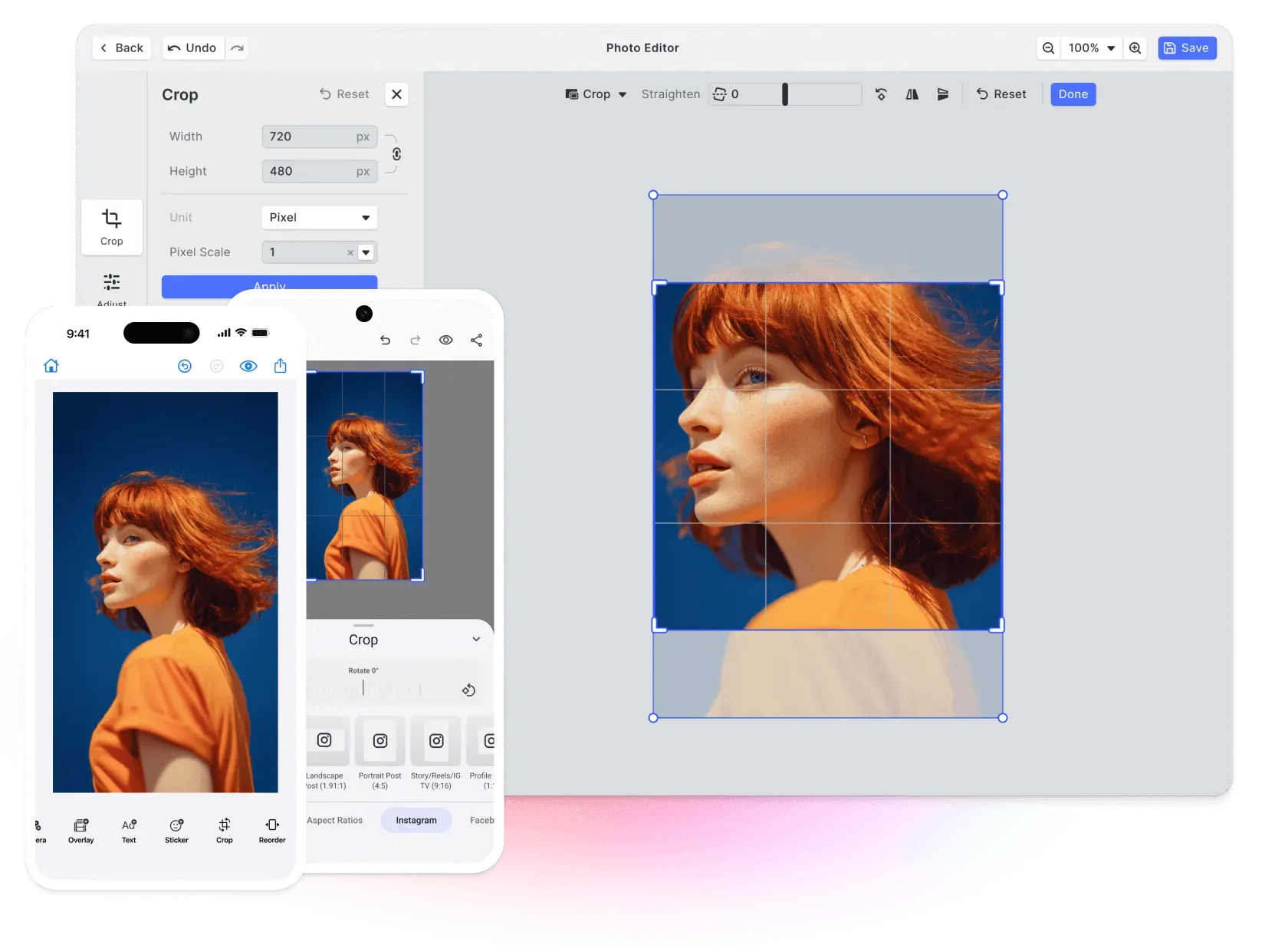 Photo Editor SDK preview showing the editor on web, iOS, and Android