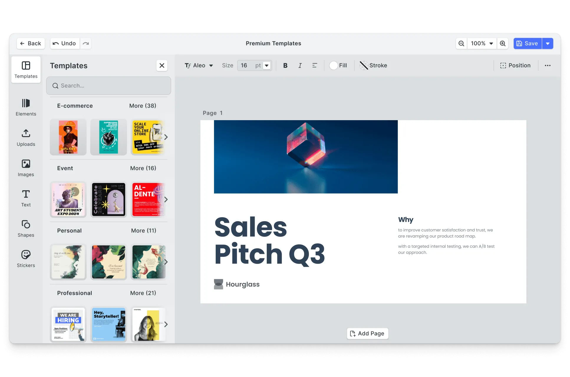 CE.SDK pitch decks editor showing investor-ready slide template