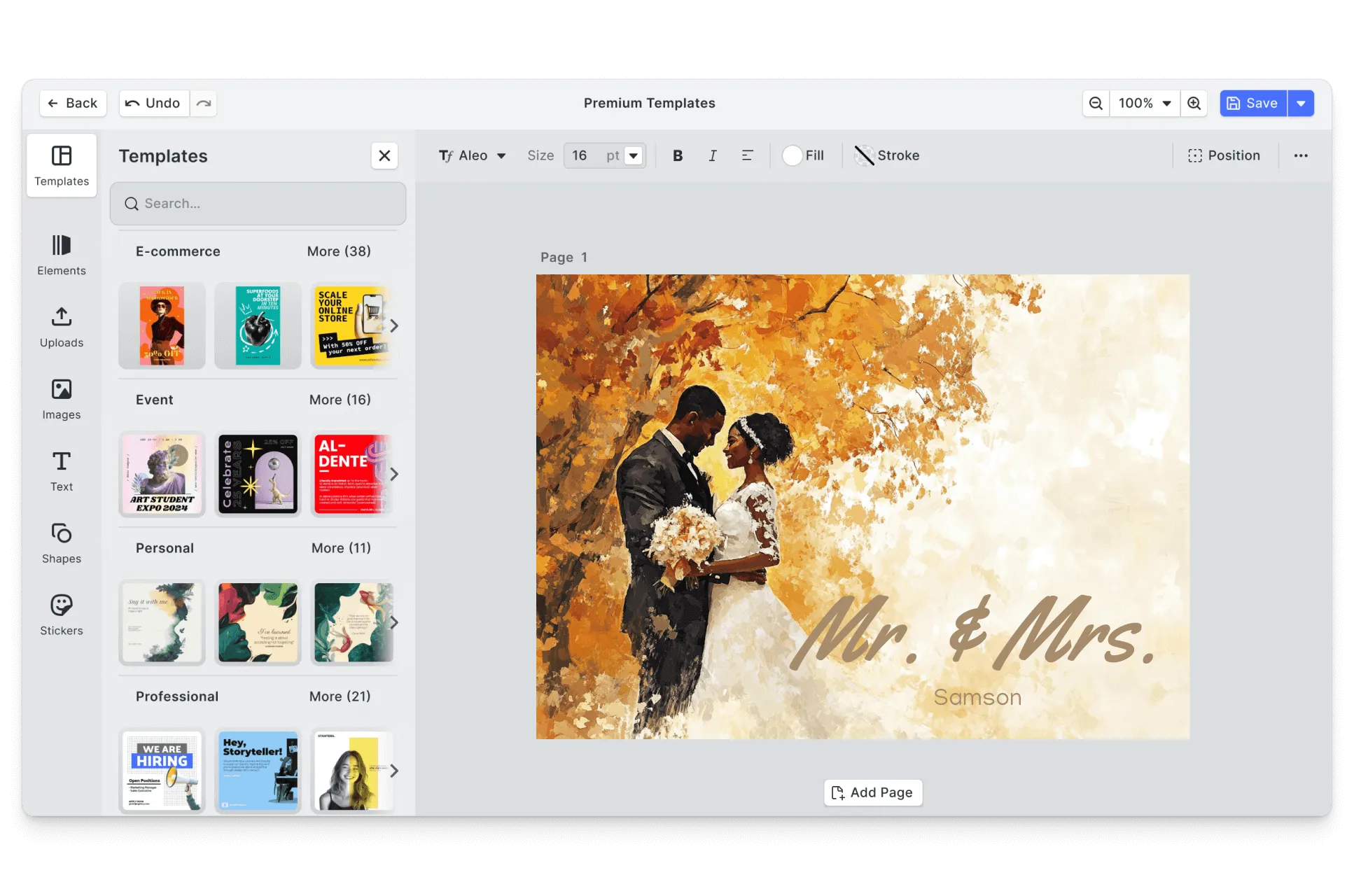 CE.SDK wedding postcards editor showing elegant template-based design