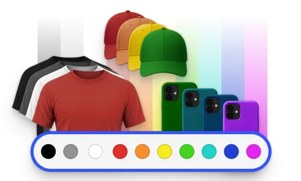 Product editor configuring apparel and phone cases with a color swatch selector