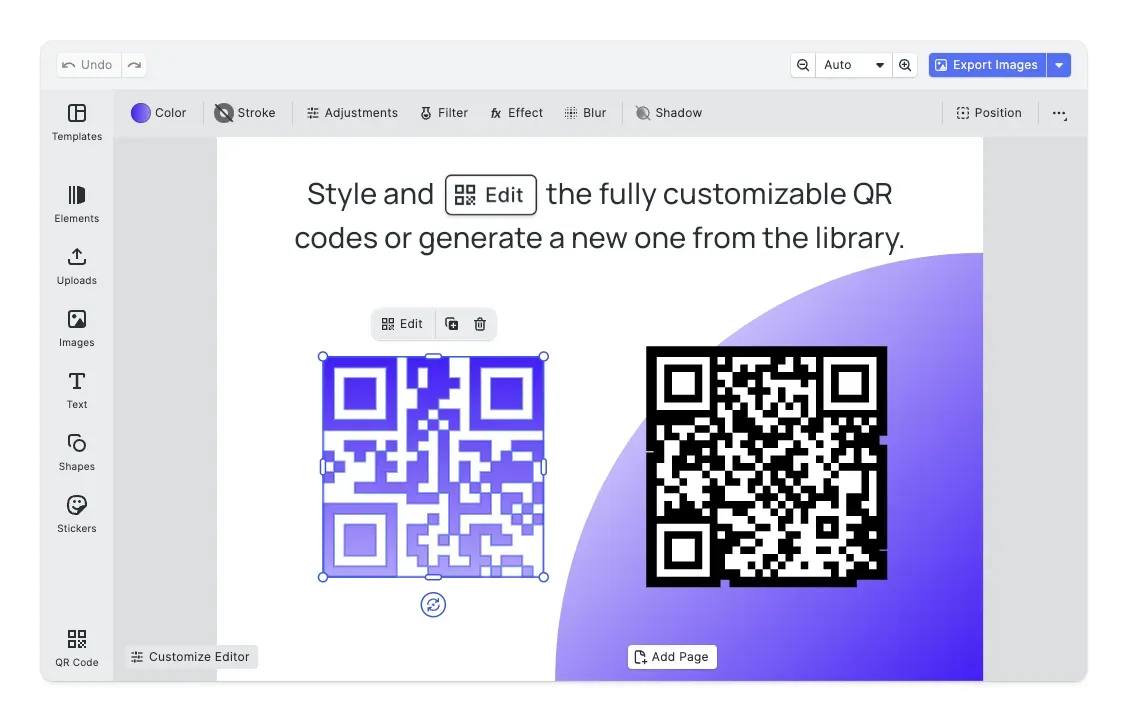 Styled QR codes being edited in the design editor