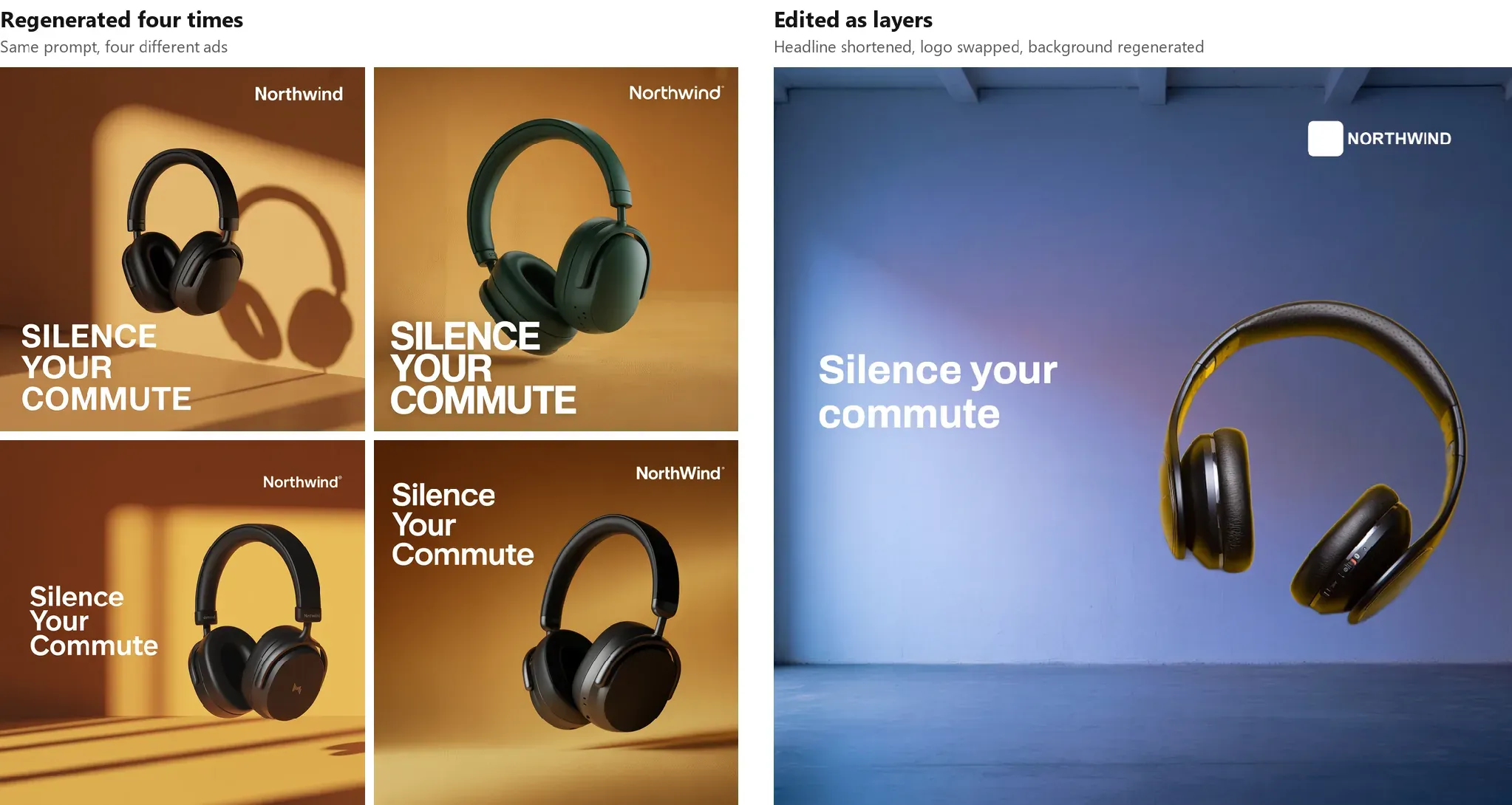 Four regenerations of the same ad next to one ad edited as layers