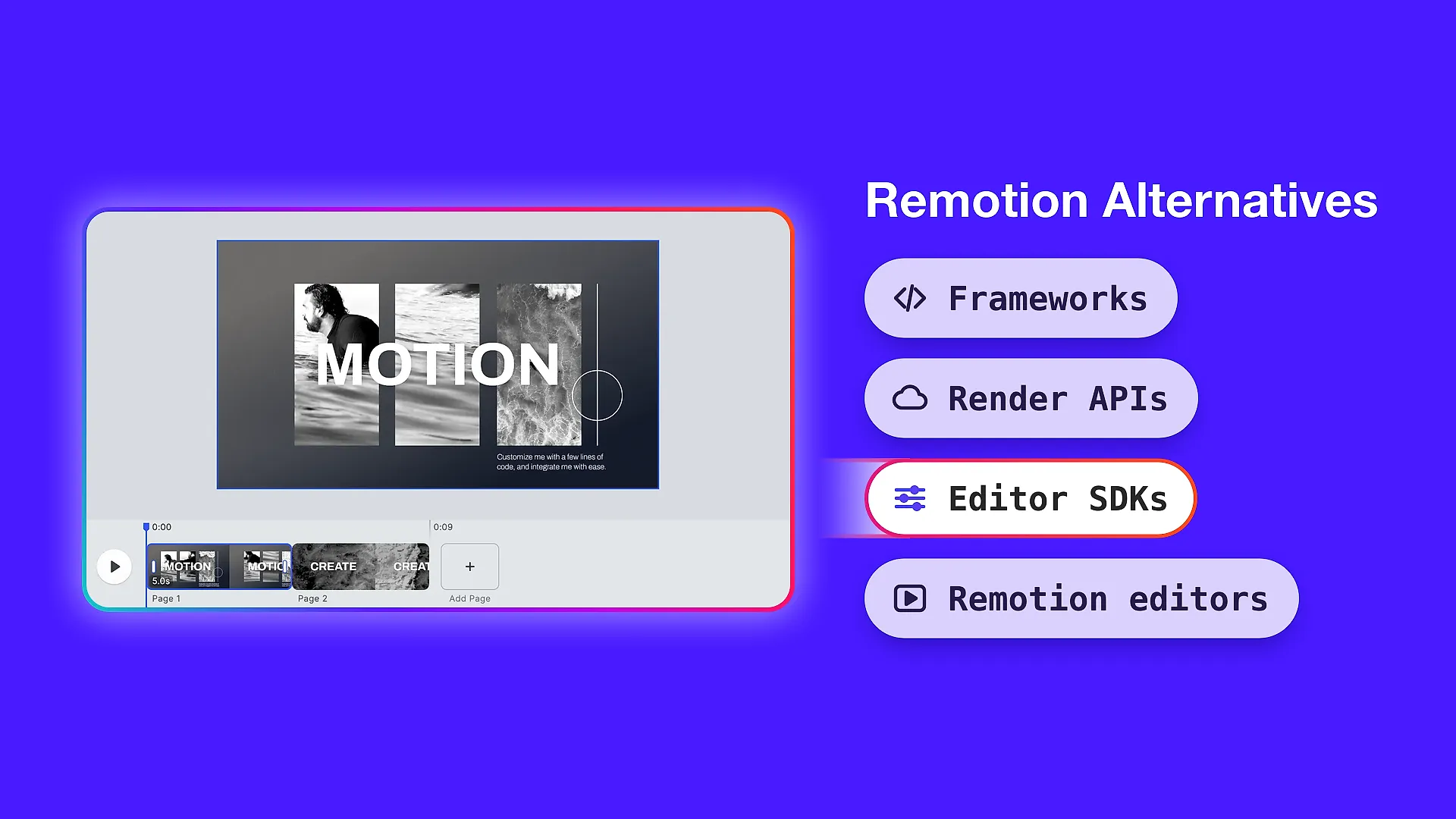 Remotion Alternatives headline above four labels, Frameworks, Render APIs, Editor SDKs and Remotion editors, beside a video canvas and timeline from a web editor