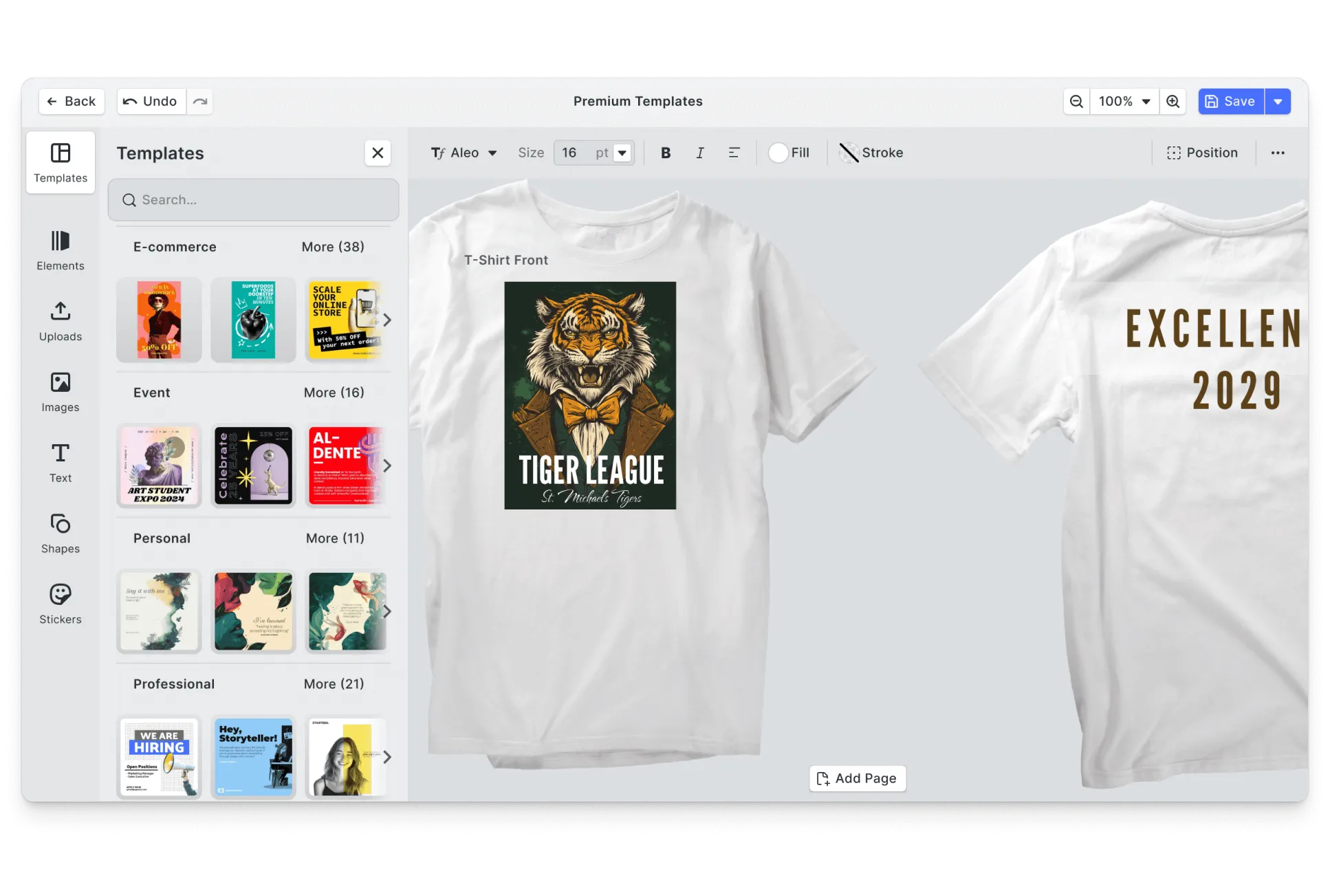 CE.SDK school spirit t-shirts editor showing mascot-driven template-based design