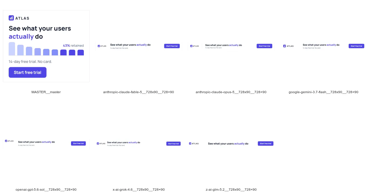 Contact sheet of six 728×90 leaderboards, master first