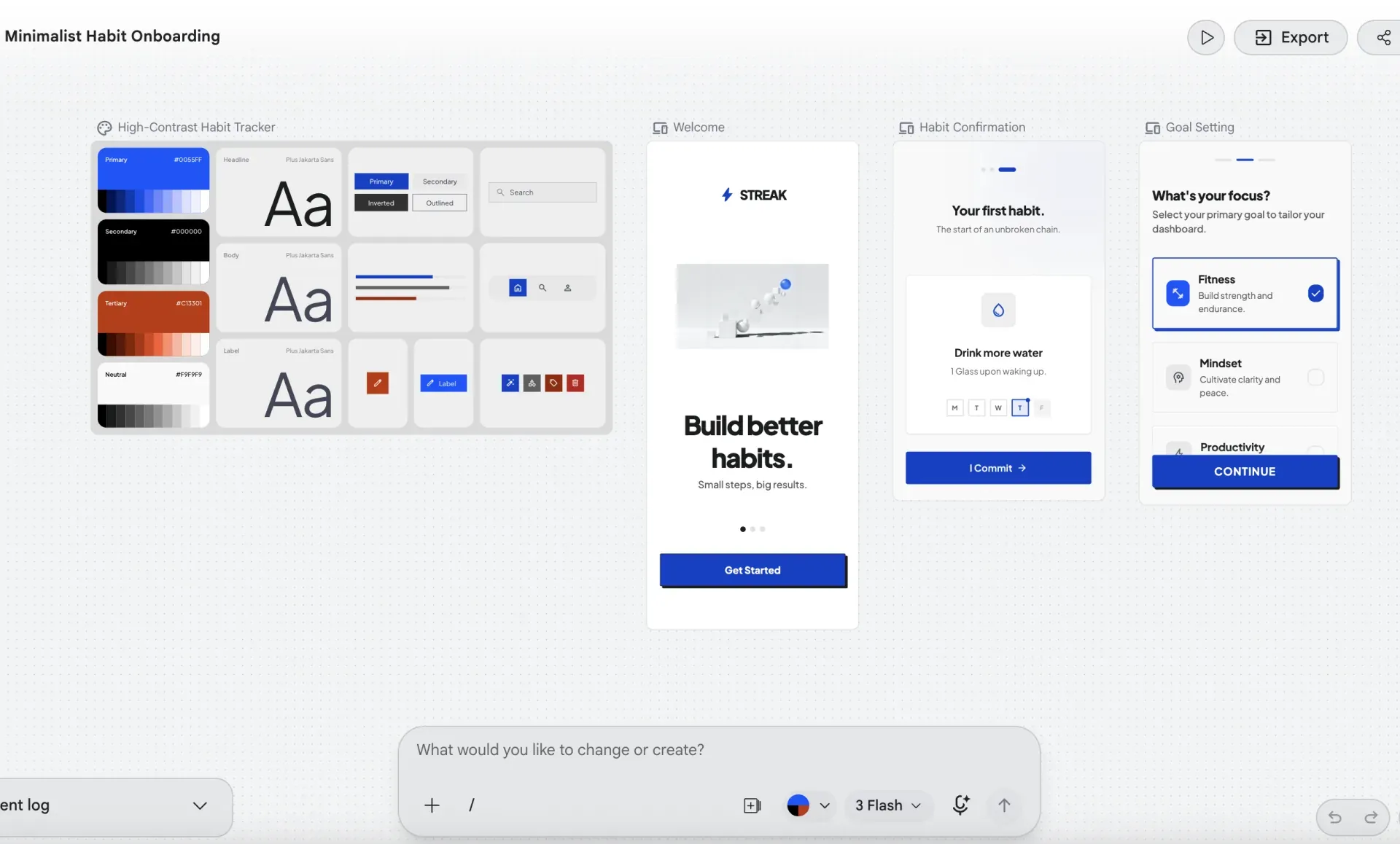 Google Stitch showing the generated onboarding screens, with habit formation appearing before goal setting and the progress indicators differing between screens