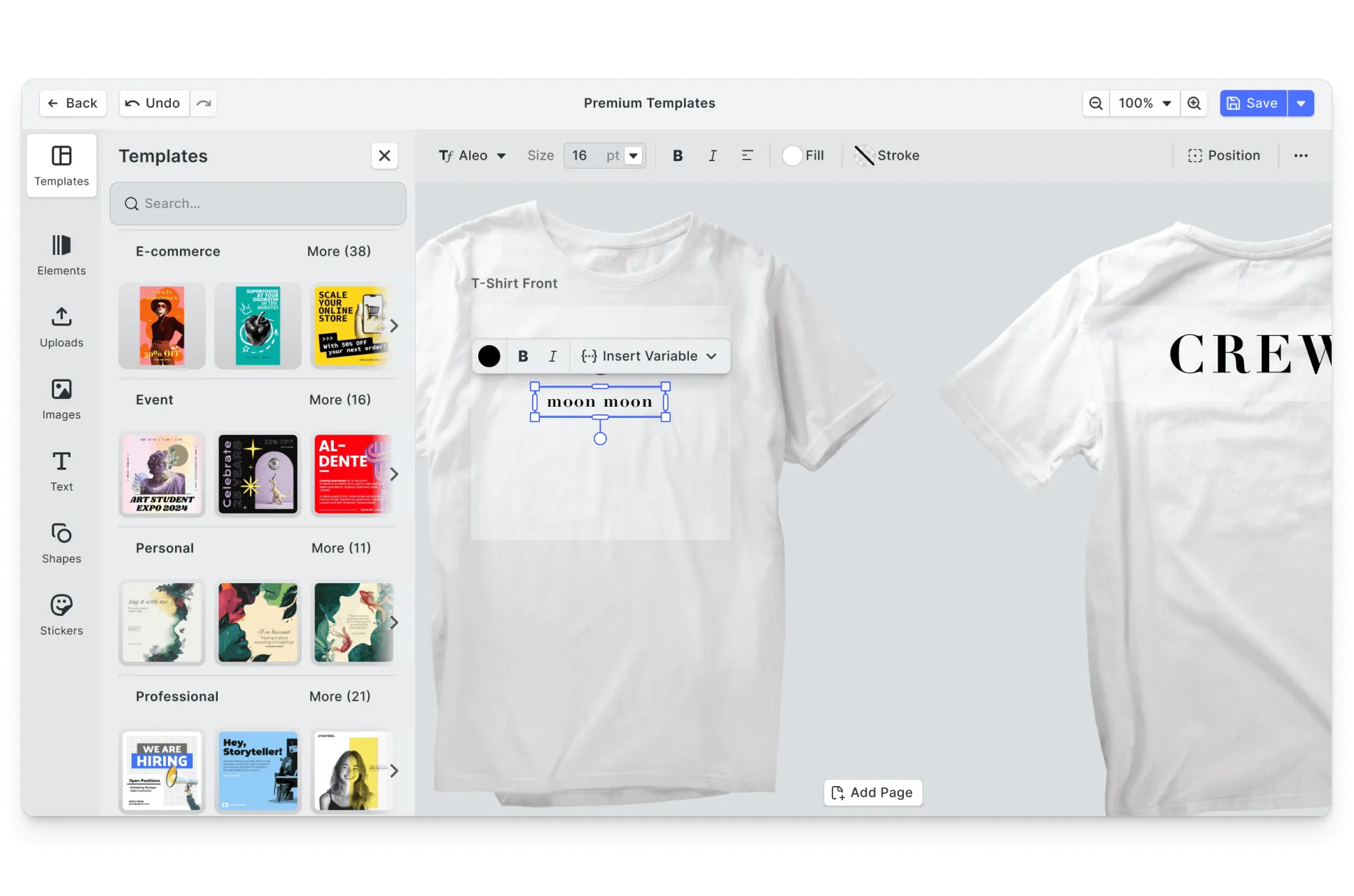 CE.SDK t shirts editor showing template-based design