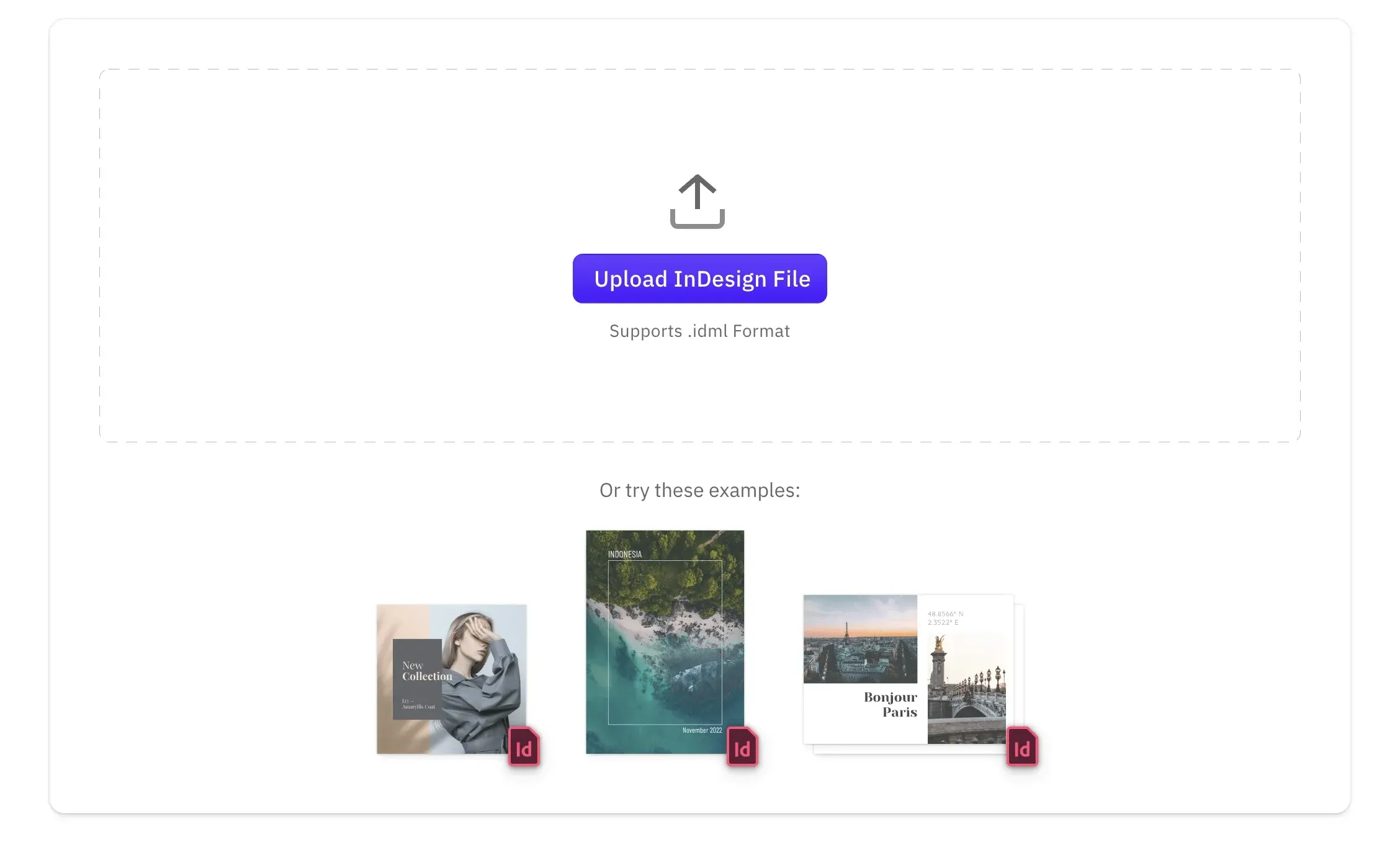 The InDesign import panel with example IDML templates ready to open as editable scenes