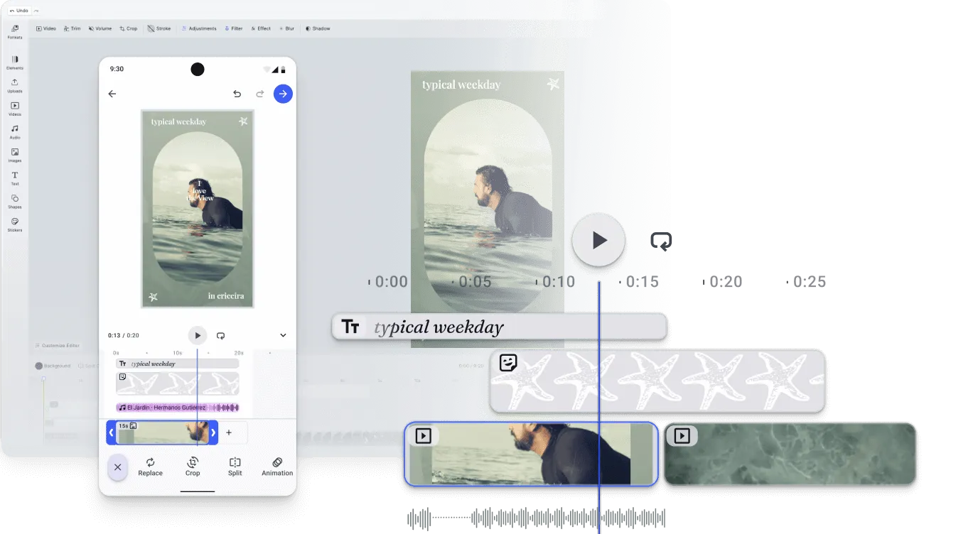 Branded video templates loaded into the web editor with placeholders for text and asset slots