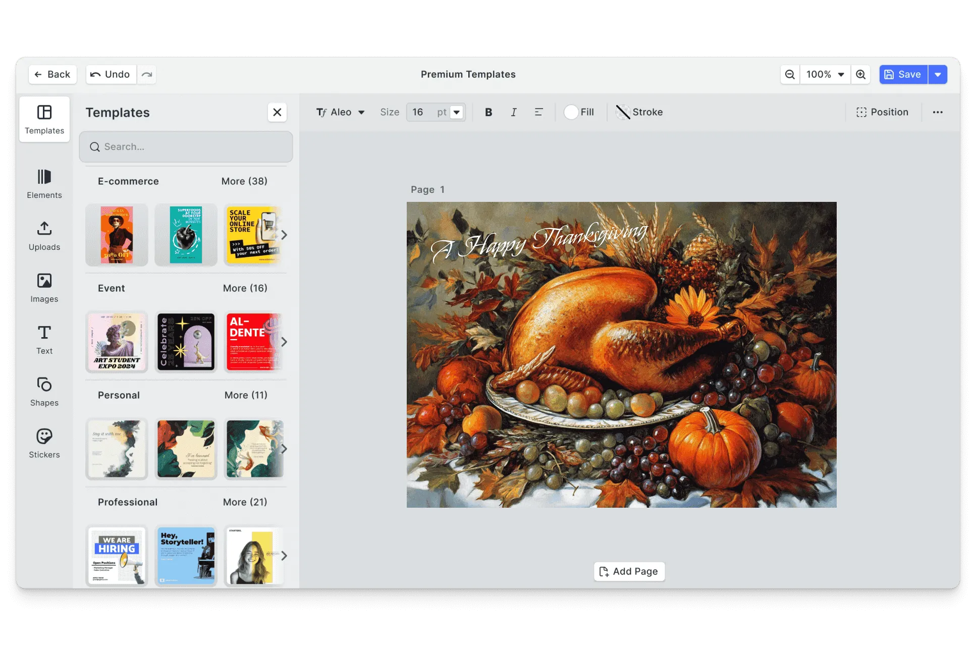 CE.SDK Thanksgiving postcards editor showing autumnal template-based design