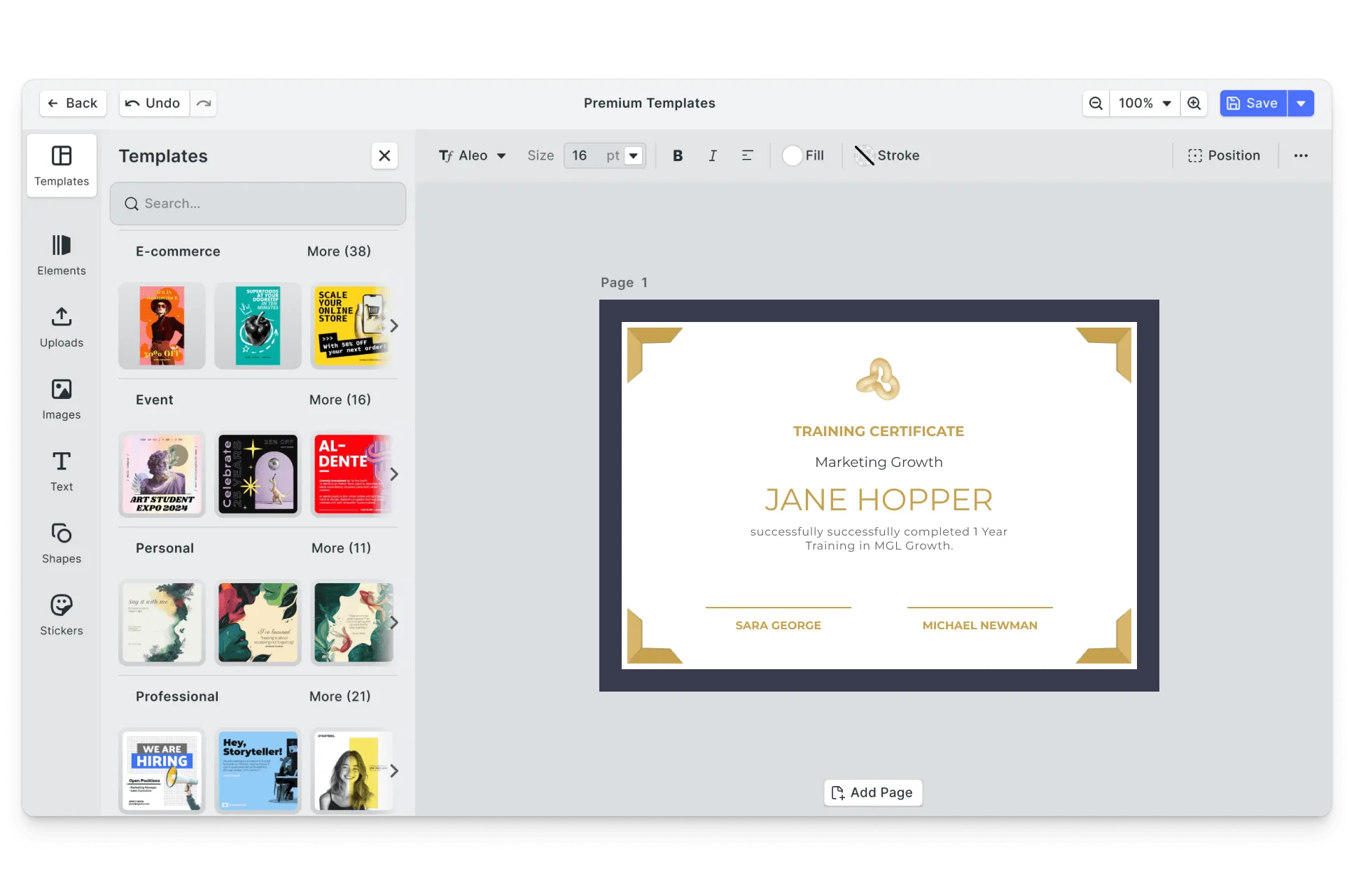 CE.SDK training certificates editor showing template-based design