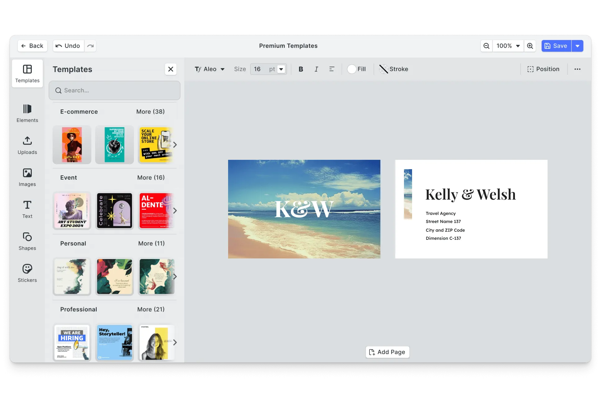 CE.SDK travel agent business cards editor showing template-based design