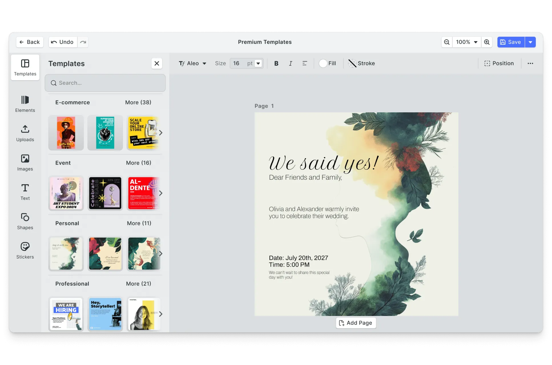 CE.SDK wedding invitations editor showing template-based design