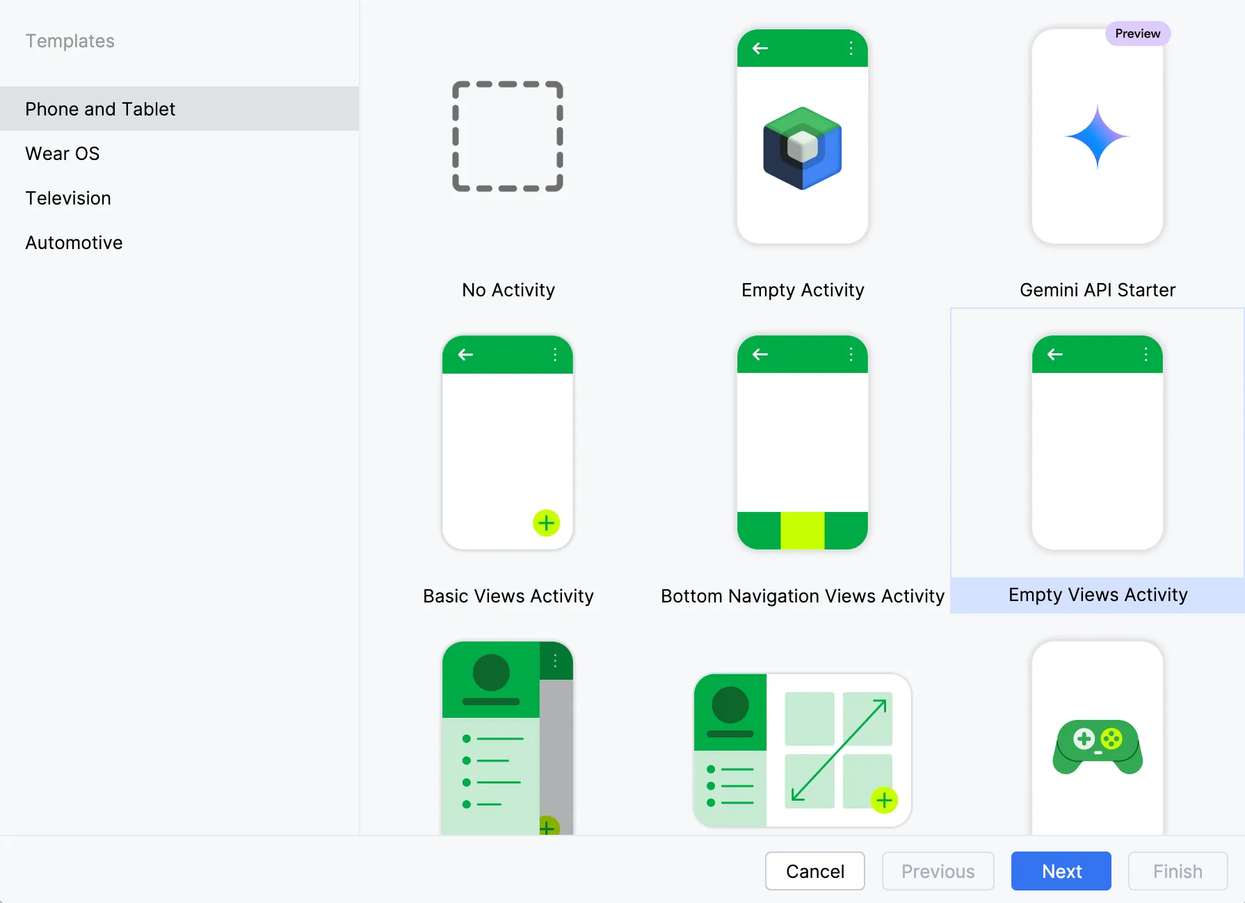Android Studio template chooser dialog