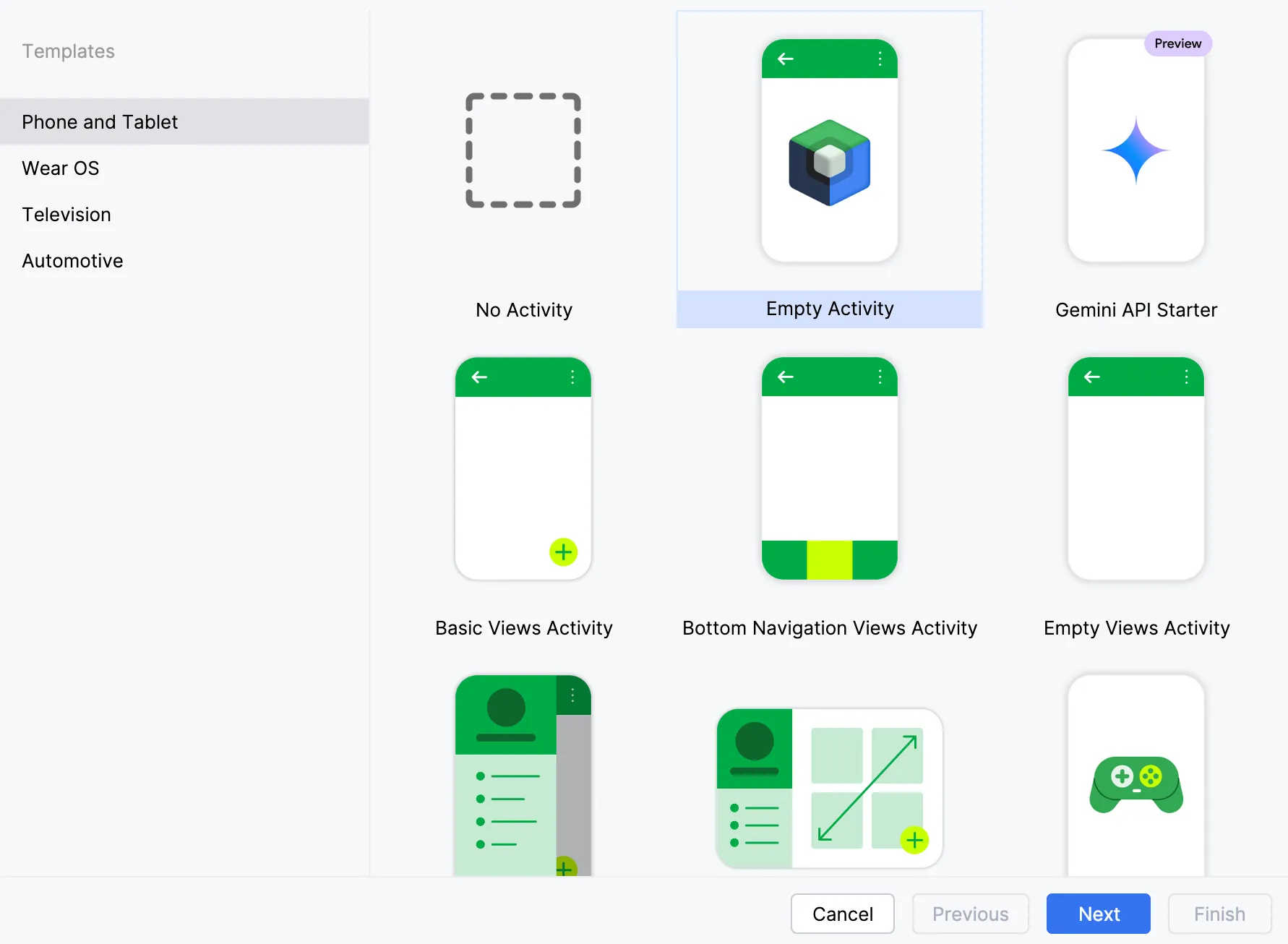 Android Studio template chooser dialog