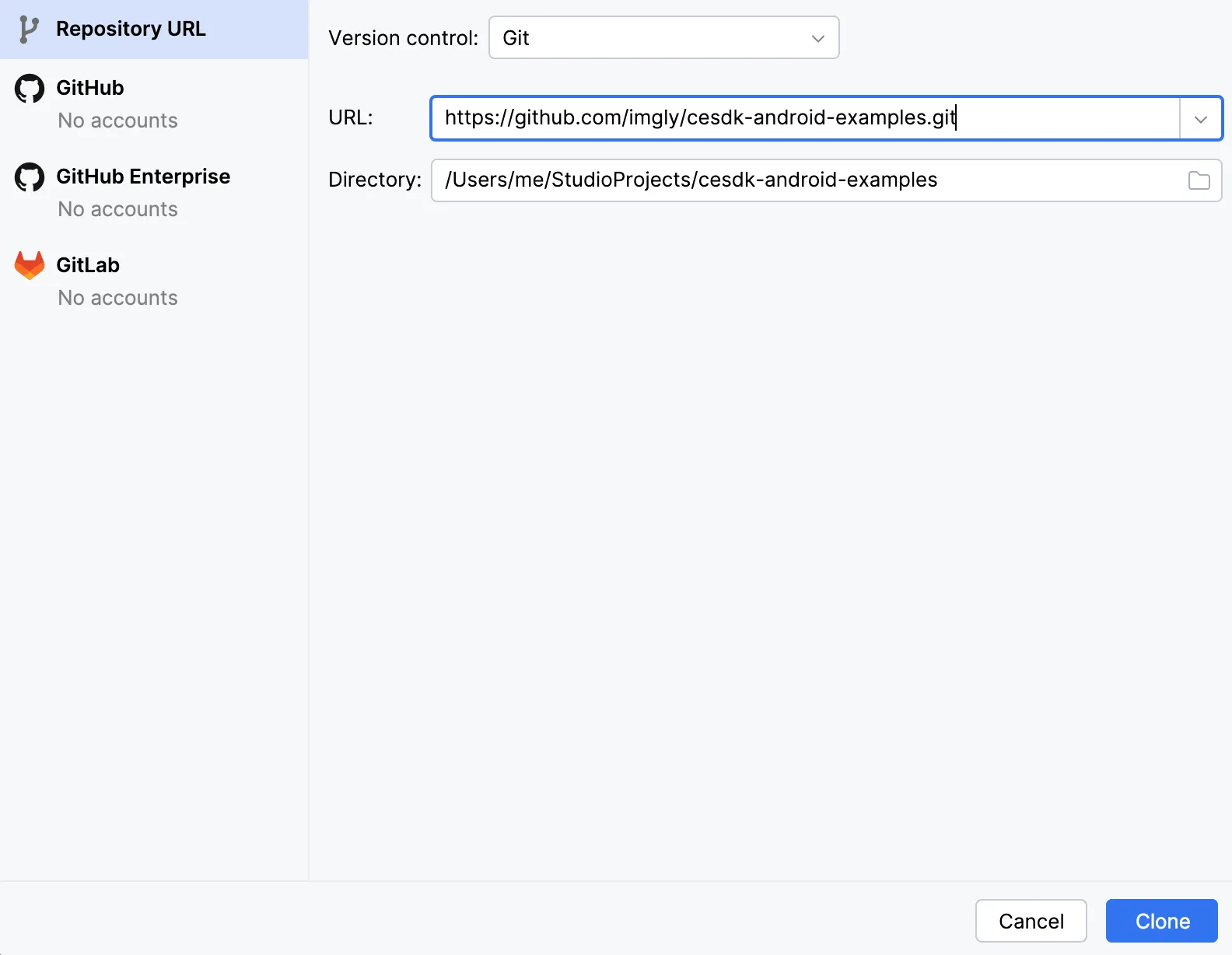 Android Studio Clone dialog