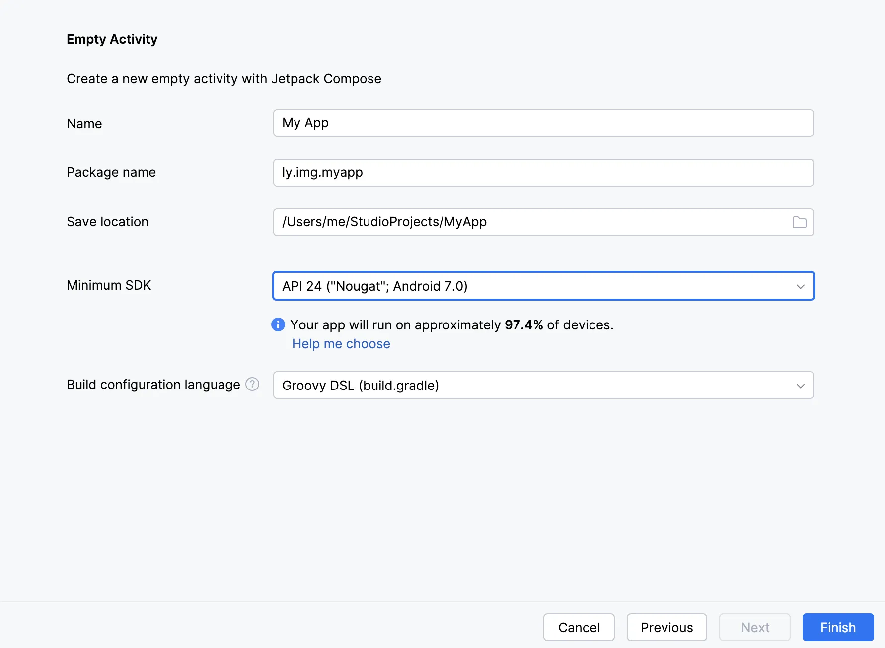 Android Studio new project dialog