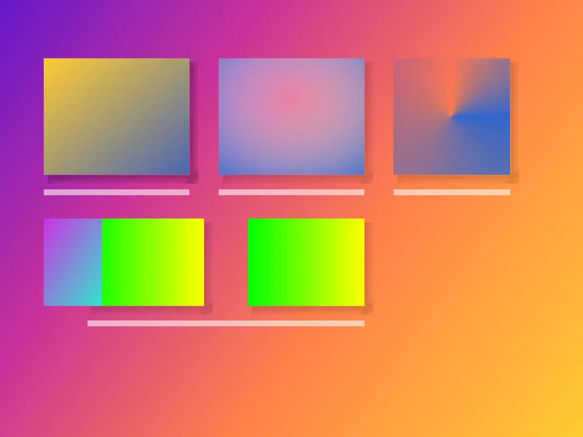 Android gradient fills preview showing linear, radial, conical, shared, and duplicated gradient blocks