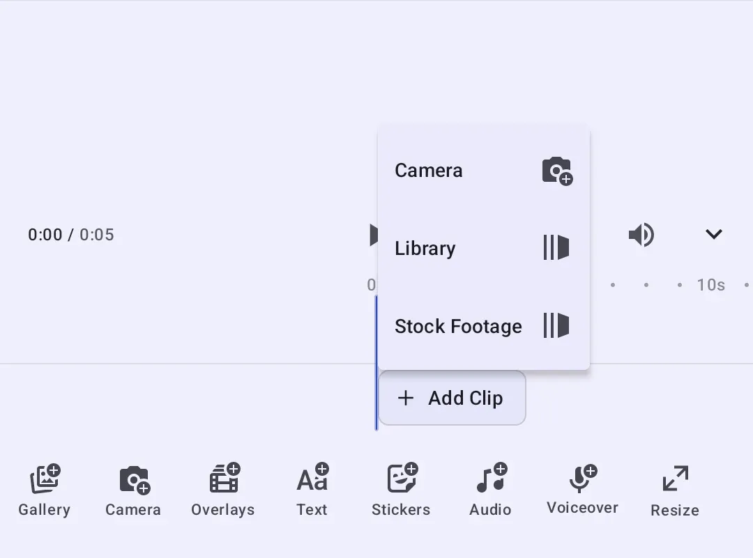 The timeline with a customized header and an Add Clip menu offering a custom source
