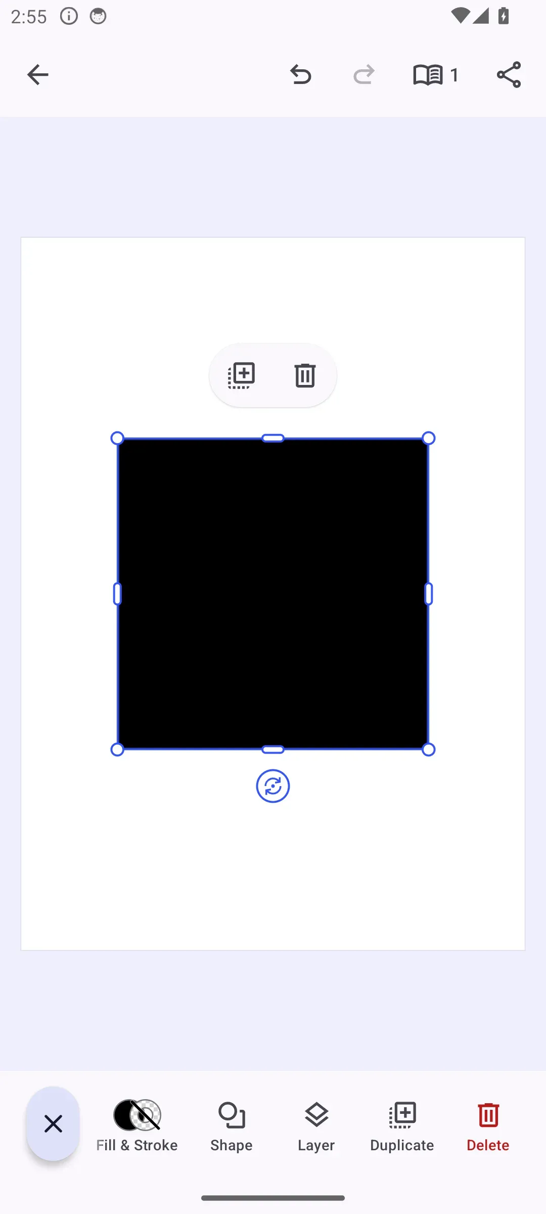 A selected design block with the Android canvas menu floating above it