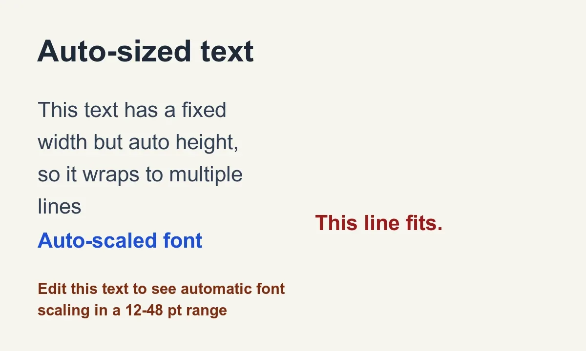 Android text auto-size example showing text blocks with auto dimensions, automatic font sizing, and clipped overflow