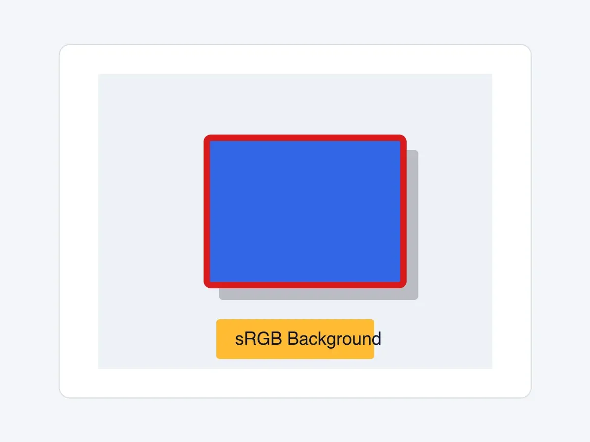 sRGB colors example showing a blue block with a red stroke, orange text background, and semi-transparent shadow